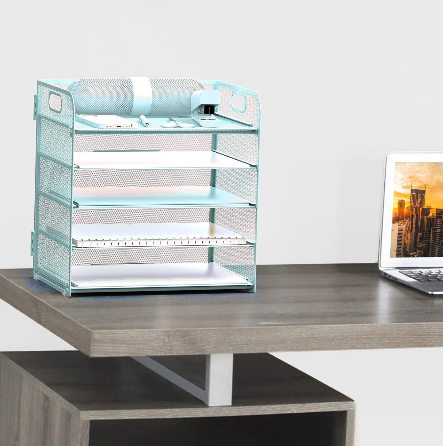Letter Tray Paper Organizer 5-Tier Desk Organizer File Organizer Paper Holder with Handle, Metal Desktop Document Shelf Tray Office Classroom Organization - Blue