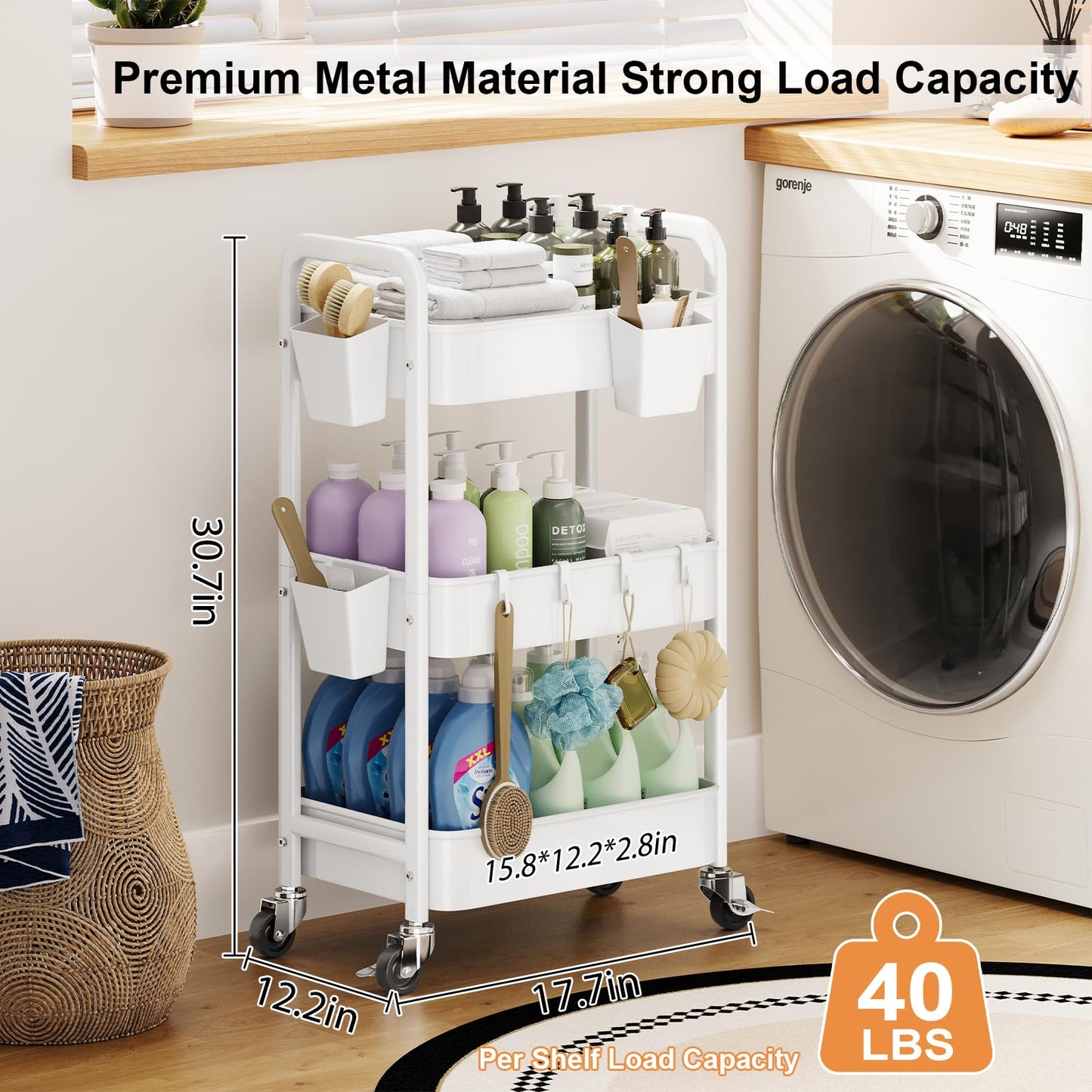 3 Tier Rolling Cart with Wheels, Metal Utility Storage Cart on Wheels, Craft Carts Organizer with Hanging Cups, Hooks, Three Tiered Rolling Carts for Bathroom, Laundry Room, Nursery, Office, White