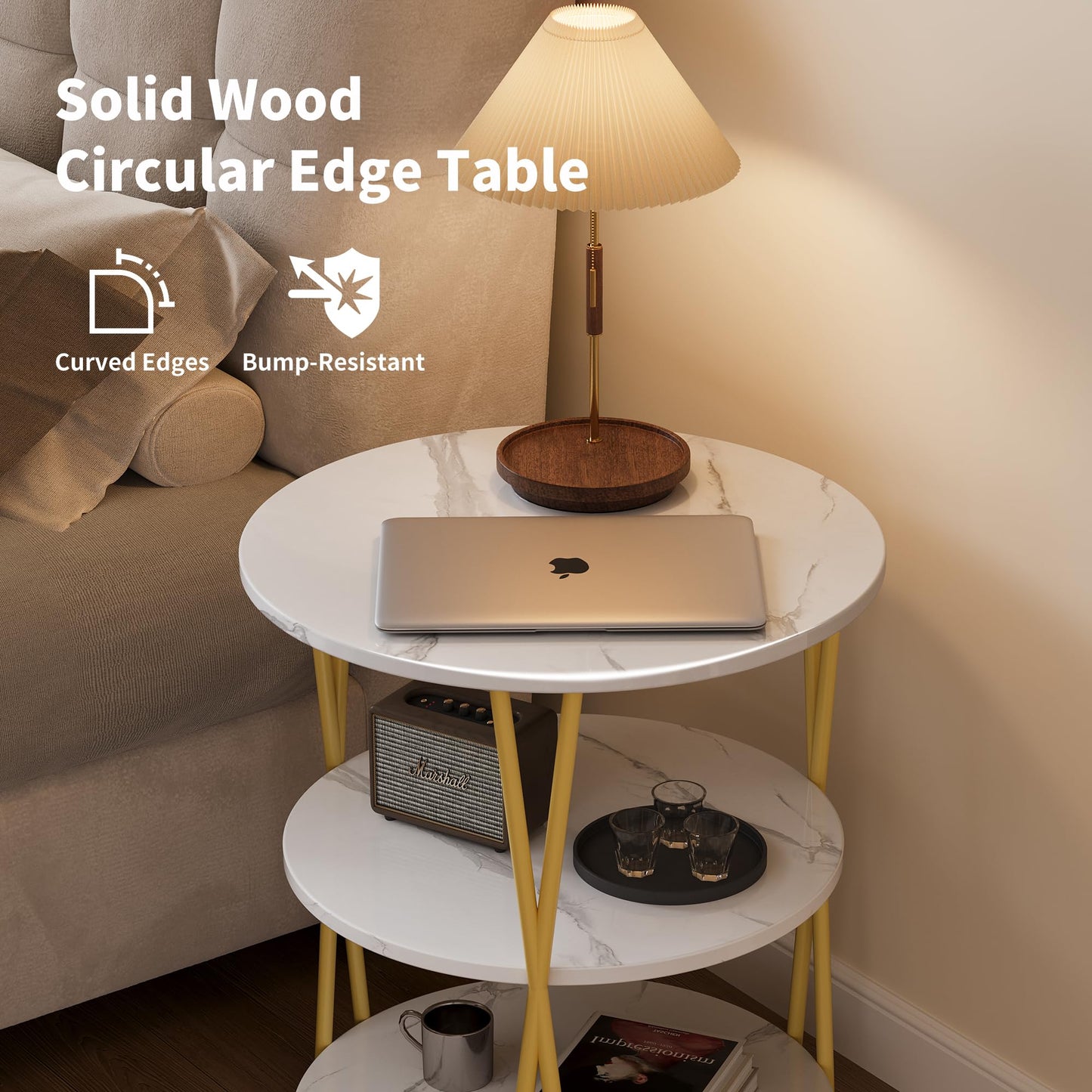 Lumbershed 23 Inch Round Side Table 3-Tier End Table Living Room Small Patio Table Nightstands Round Coffee Table Spacious Top for Couch Bedroom 3 Storage Shelves Accent Coffee Table, Marble White