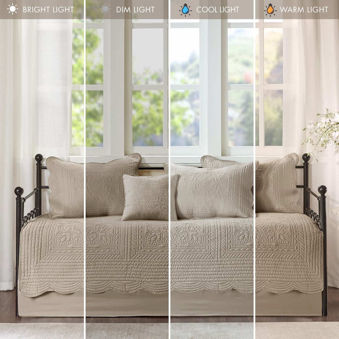 Madison Park Daybed Cover Set Damask Quilted Cover for Daybeds, All Season, Pre-Washed Cotton-Filled Coastal Bedding with Scallop Edge, Shams, Bedskirt, Décor Pillows, Tuscany, Daybed Khaki 6 Piece