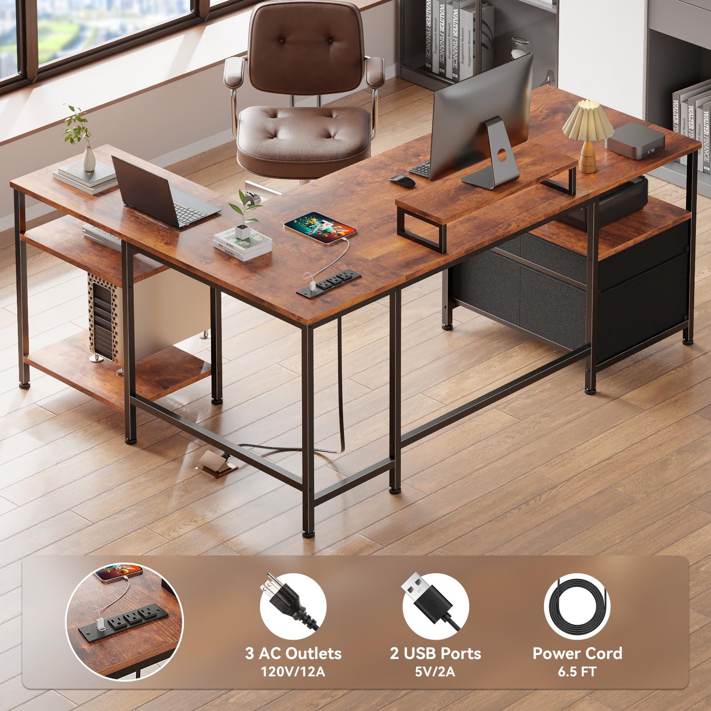 Furologee L Shaped Computer Desk with Power Outlet, Reversible Home Office Desk for Work Study, 50 Inch Corner Gaming Table with File Drawer, Monitor Stand, Storage Shelves, Rustic Brown