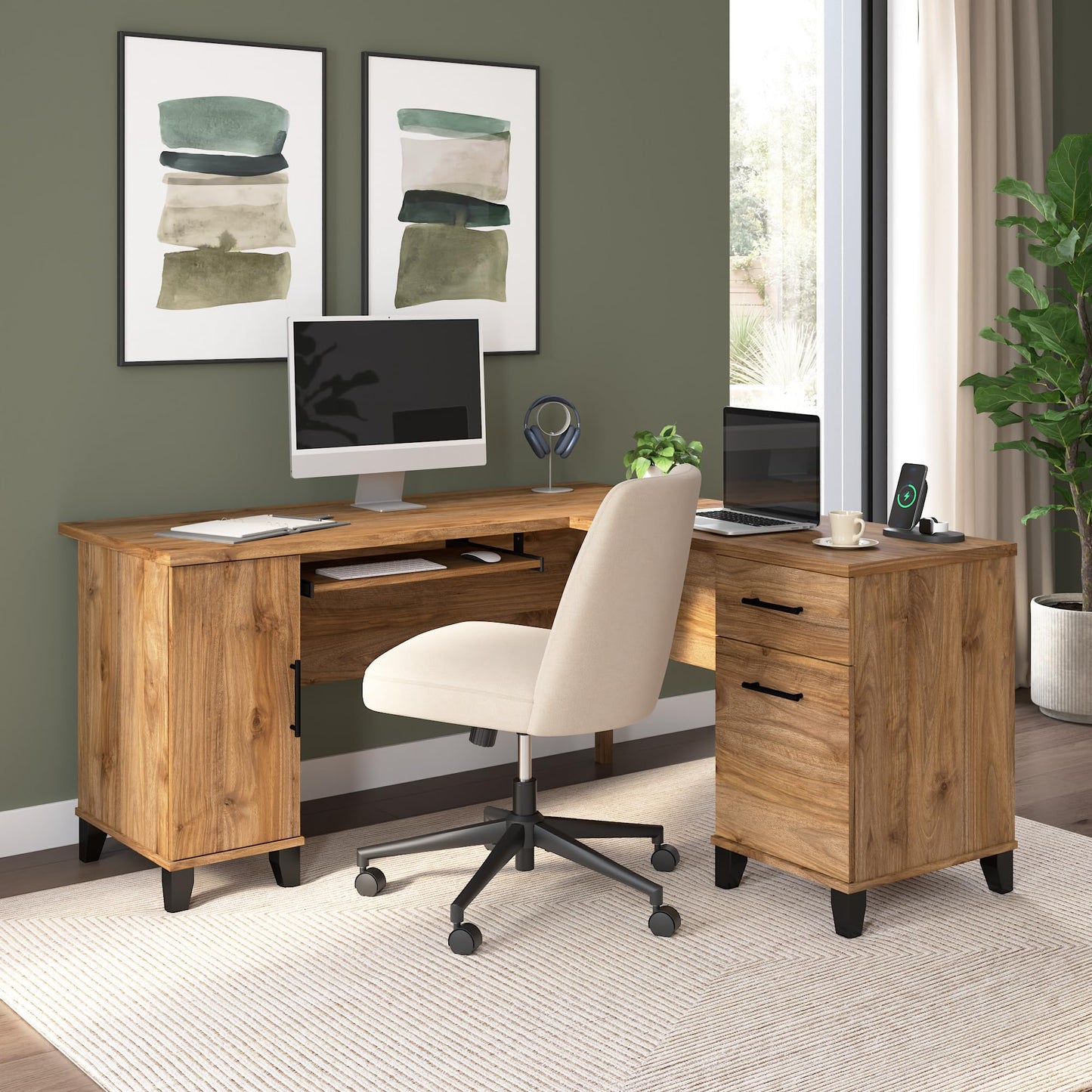 Bush Home 60-Inch L-Shaped Desk with Storage, Corner Computer Office Desk with Drawers and Storage Cabinet, Home Office Furniture, Somerset Collection, Fresh Walnut