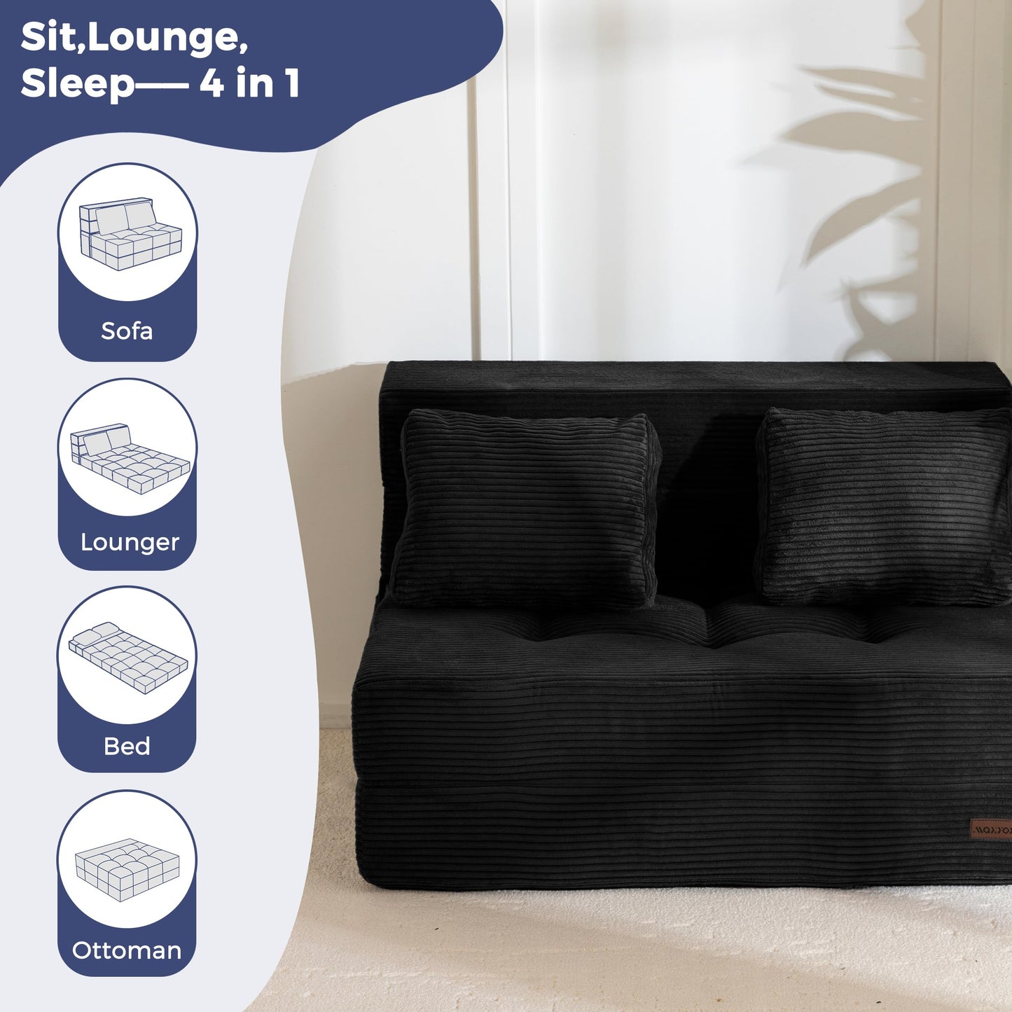 MAXYOYO Convertible Sofa Bed, Fold Out Sofa Couch with Pillow, 4 in 1 Tufted Folding Couch Bed Foam Floor Couch, Lazy Chair for Living Room Bedroom Guest Room, Black