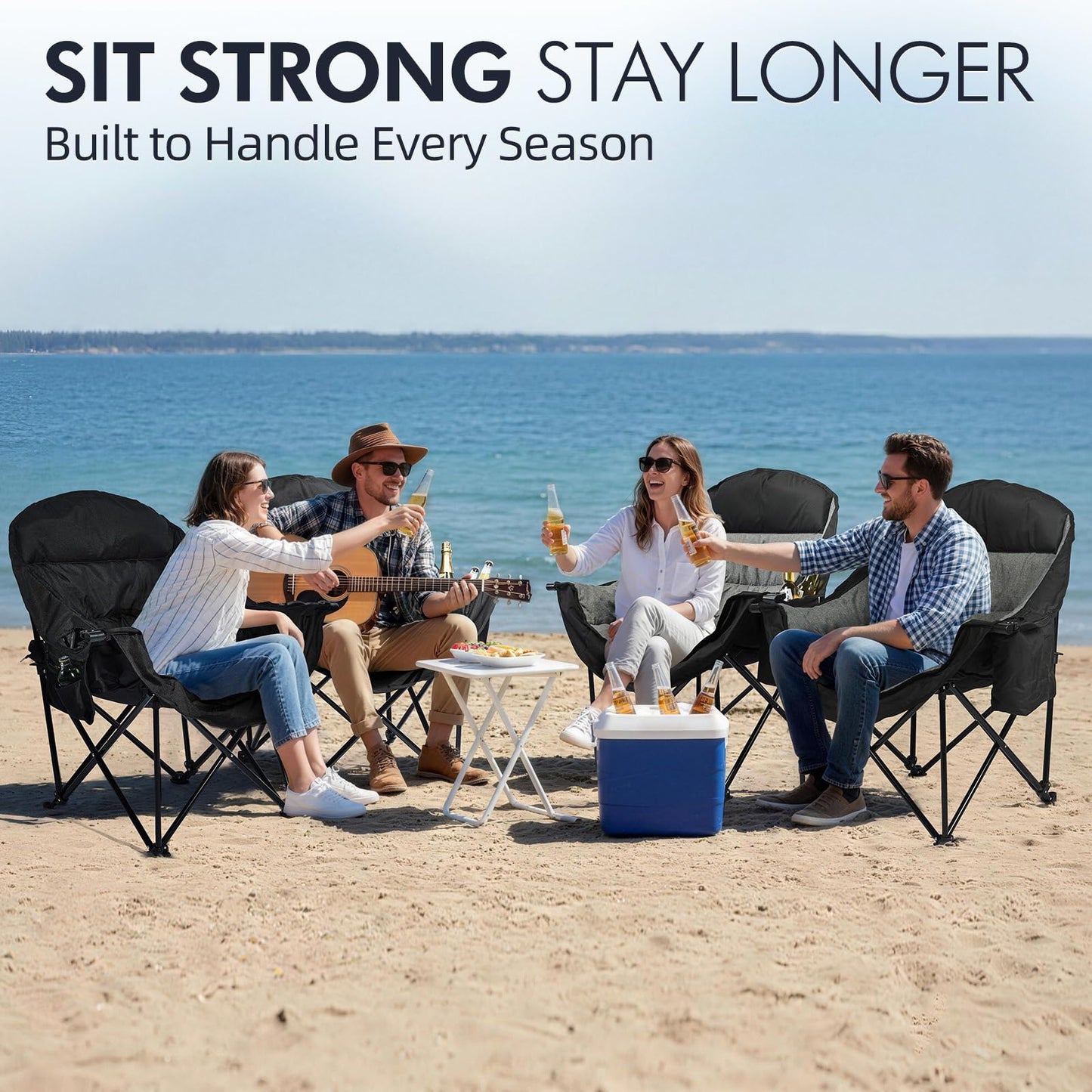 Oversized Camping Chair for Adults - Heavy Duty Outdoor Padded Large Lawn Camp Chair with Cup Holder Cooler Pockets for Sports Beach Fishing Garden Portable Supports 500lbs, AllBlack 2 Pack