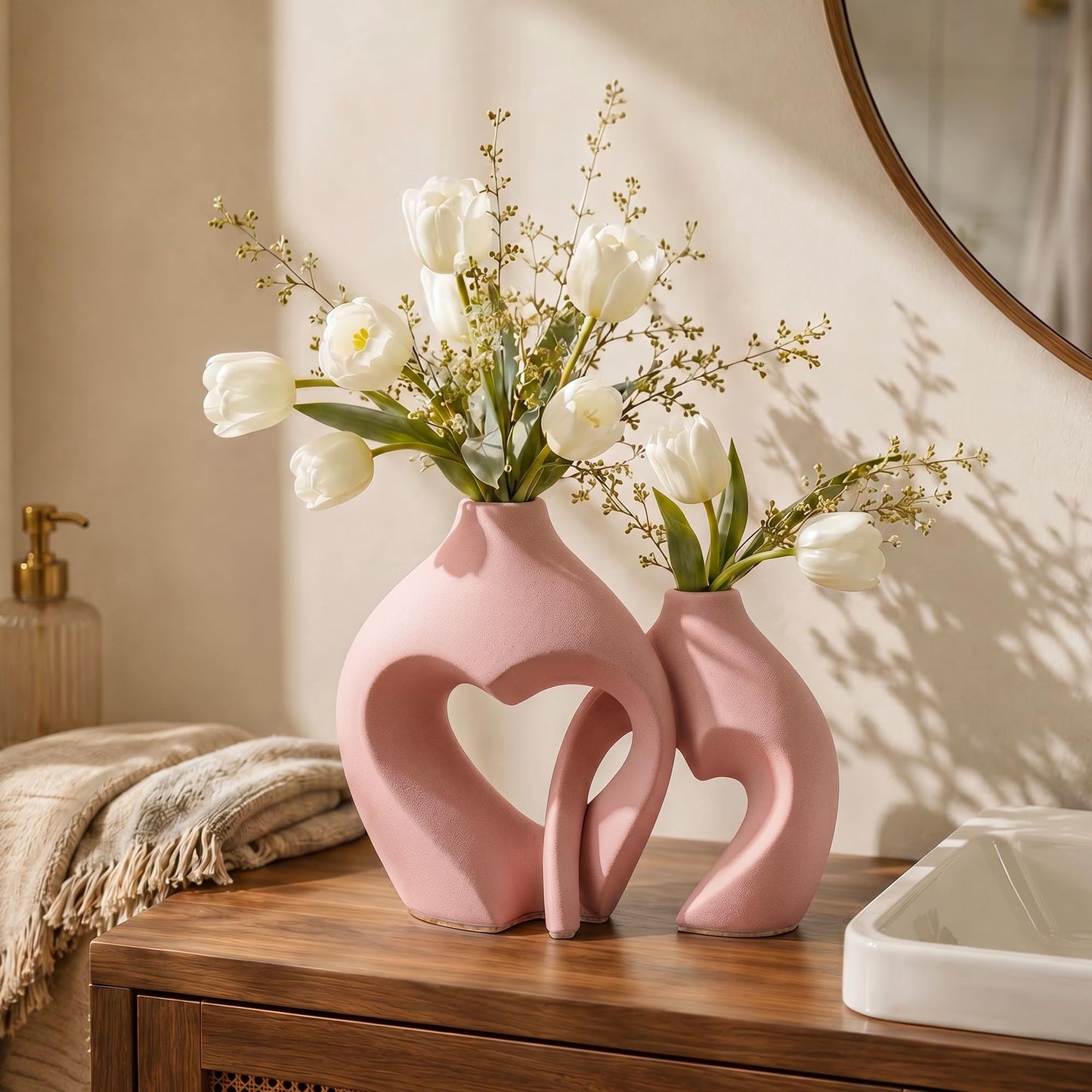 Ceramic Flower Vases Table Decor Heart Shaped Vase Set of 2 Pink