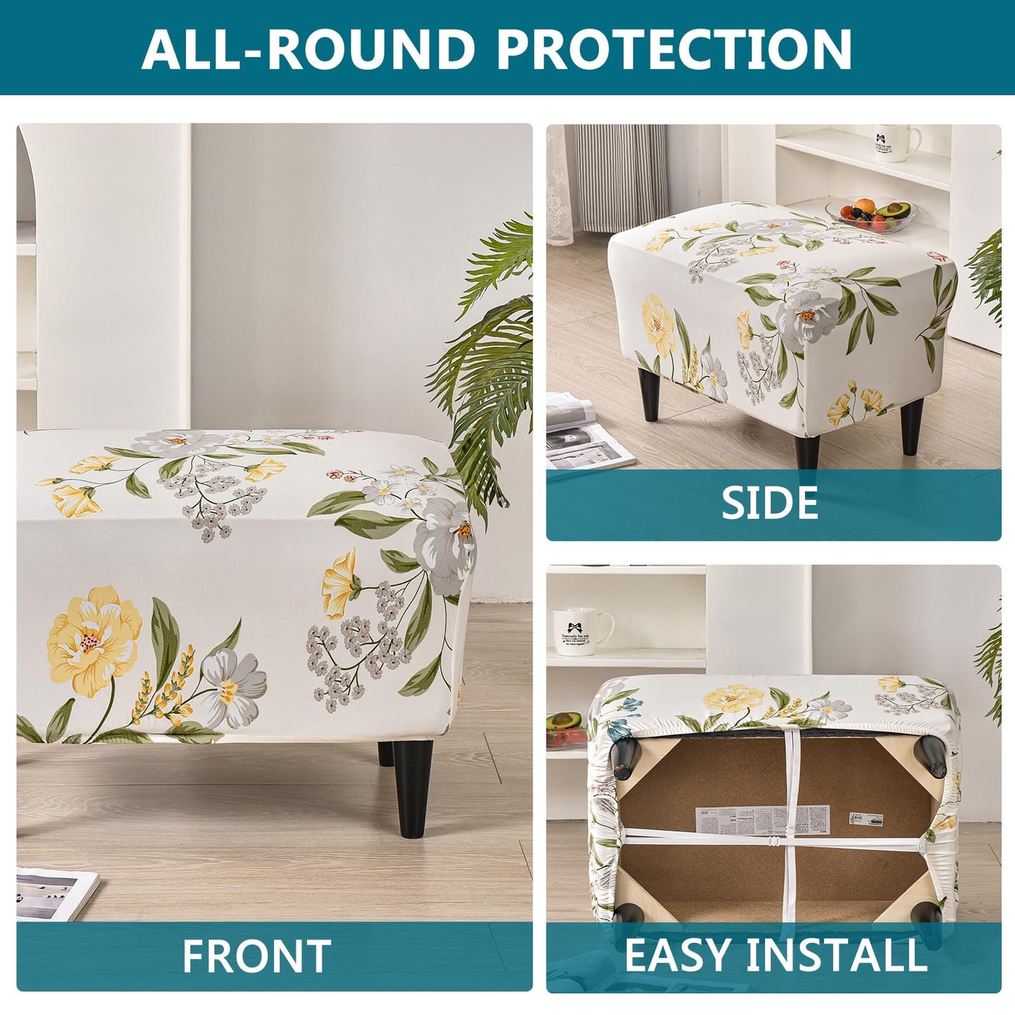 KRFOONN Ottoman Slipcovers Stretch Rectangle Footrest Stool Covers Printed Ottoman Cover for Foot Stool Furniture Protector with Non Slip Elastic Bottom(25, X-Large)