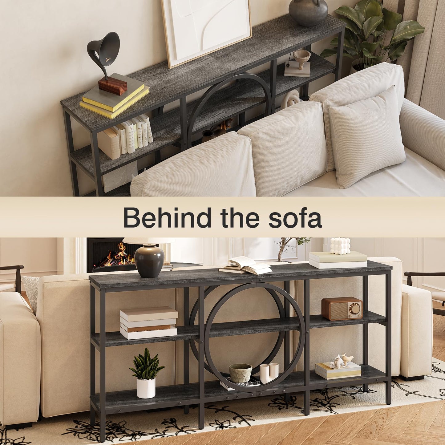 Tarnorci 66.9'' Console Table, 3-Tier TV Stand with Storage, Home Sofa Living Room Table Behind the Couch for Entryway (Grey Oak+Black)