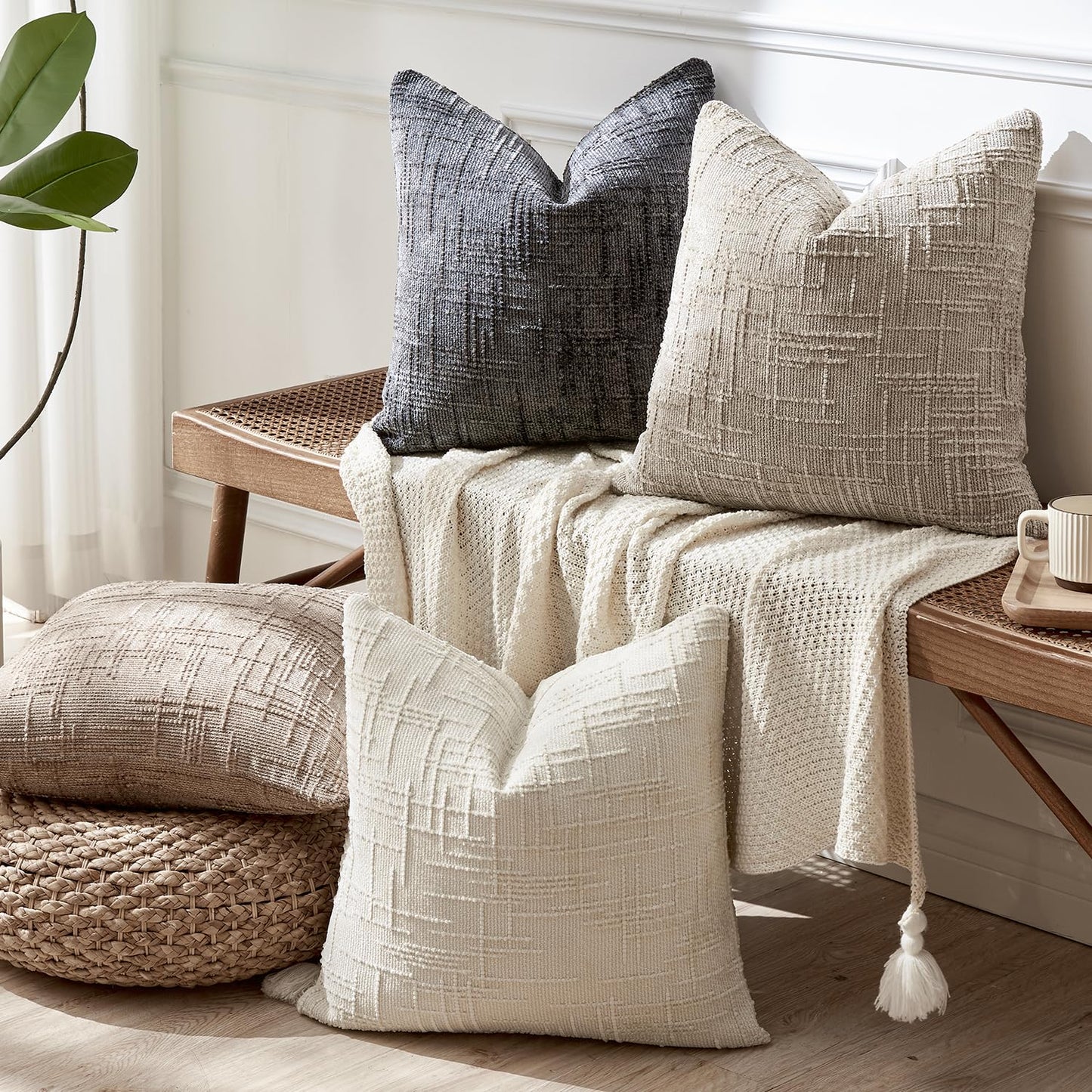 GriNeed Throw Pillow Covers Neutral Set of 4 18x18 Inch Pillow Covers, Soft Chenille White Khaki Beige Dark Grey Pillowcases for Couch Sofa Bed Living Room, Home Boho Decor, Farmhouse Cushion Covers