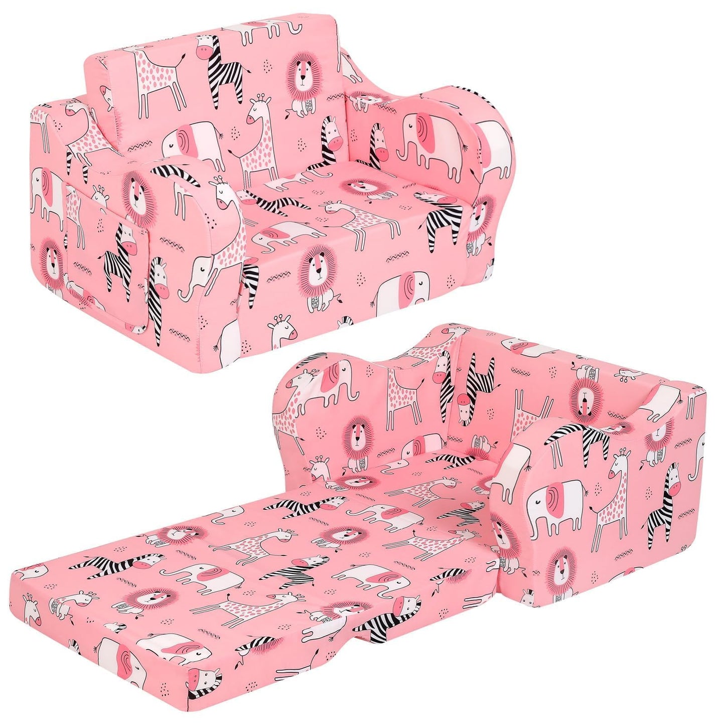 MOMCAYWEX Kids Sofa, 2-in-1 Flip-Out Foam Couch, Foldable Soft Play Lounge Chair, Pink