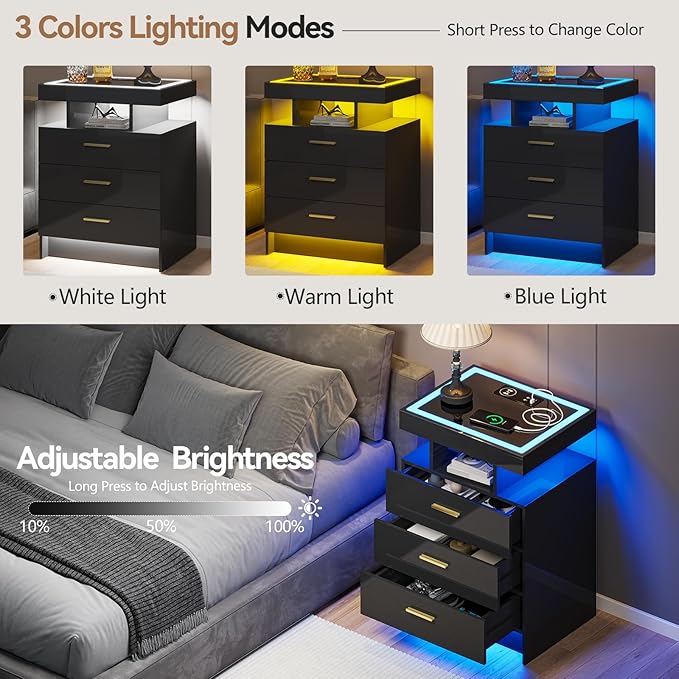 Black Night Stand Set 2 with Wireless Charging Station, Smart Bedside Table