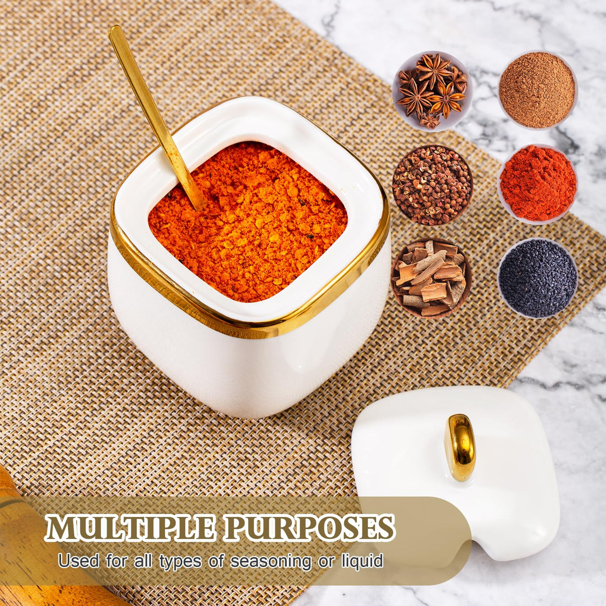 EABOSON 4 Pack Gold Condiment Spice Jars with Lids, Spoons, Tray - Ceramic Seasoning Box Set for Salt, Pepper, Sugar - Kitchen Storage
