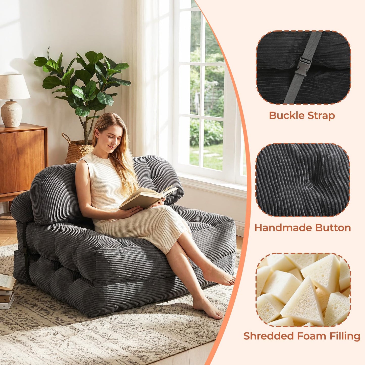 Vellorise Folding Sofa Bed, Convertible Sleeper Chair with Back Support and Pillow Futon, Boneless Matress, for Living Room/Guest Use/Home Office, Foldable Chair Bed for Adults, Dark Gray, Full
