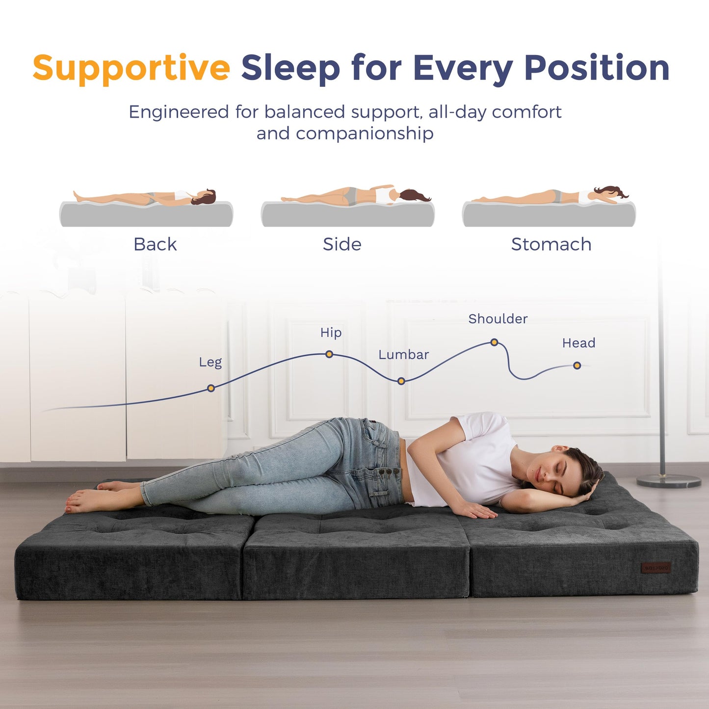 MAXYOYO 6" Folding Sofa Bed for Floor, Tufted Tri-Fold Floor Mattress with Chenille Fabric, Twin Size Portable Sofa Couch Guest Mat for Adults, Foldable Topper for Camping, Dark Grey, 35.4"x75"