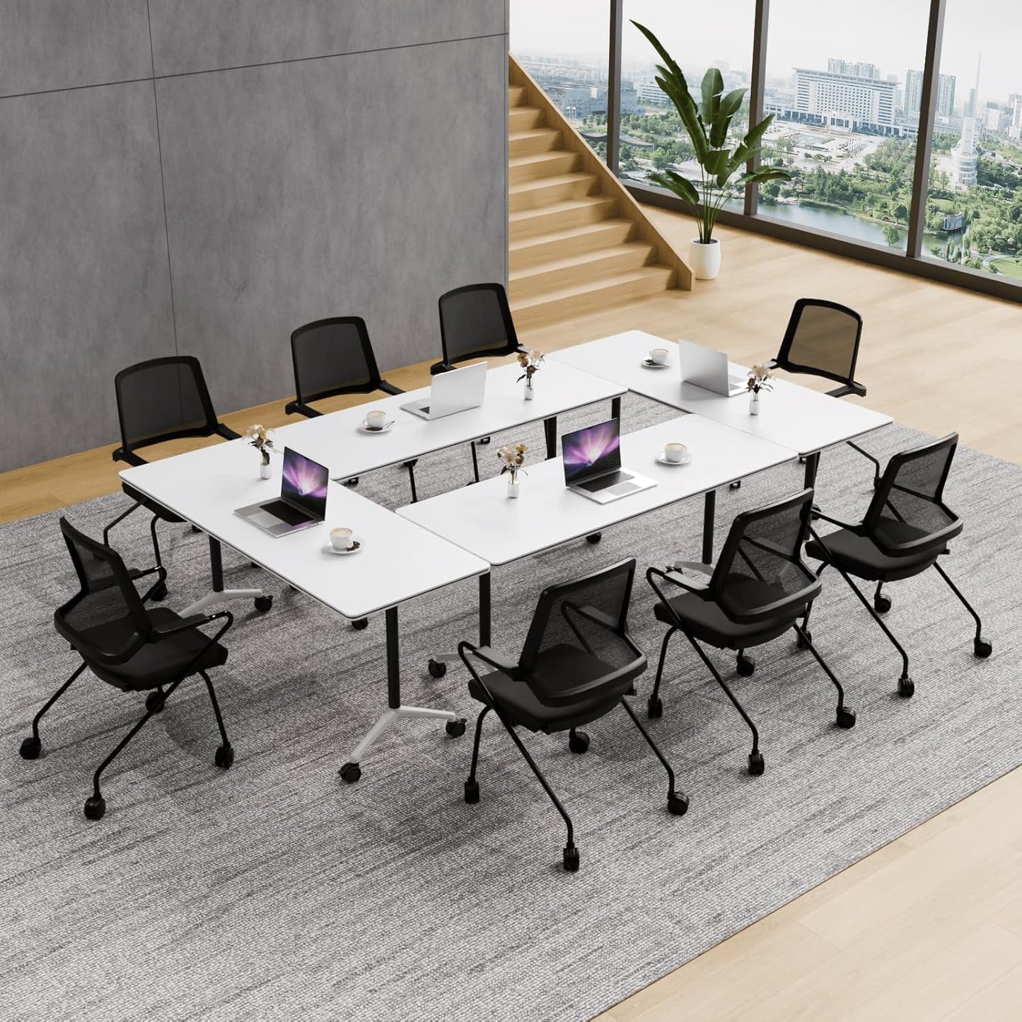 NOXMIZ Conference Room Table, Folding Conference Tables with Wheels, Modern Office Meeting Room Table with Strong Metal Frame, Large Business Seminar Furniture for Boardroom, School (6Pack 55.1in)