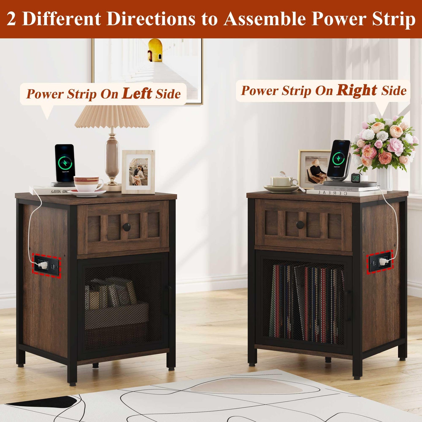 FATORRI End Table with Charging Station, Farmhouse Side Table with Drawer, Rustic Wood and Metal Nightstand and Bedside Tables for Living Room (Rustic Brown)