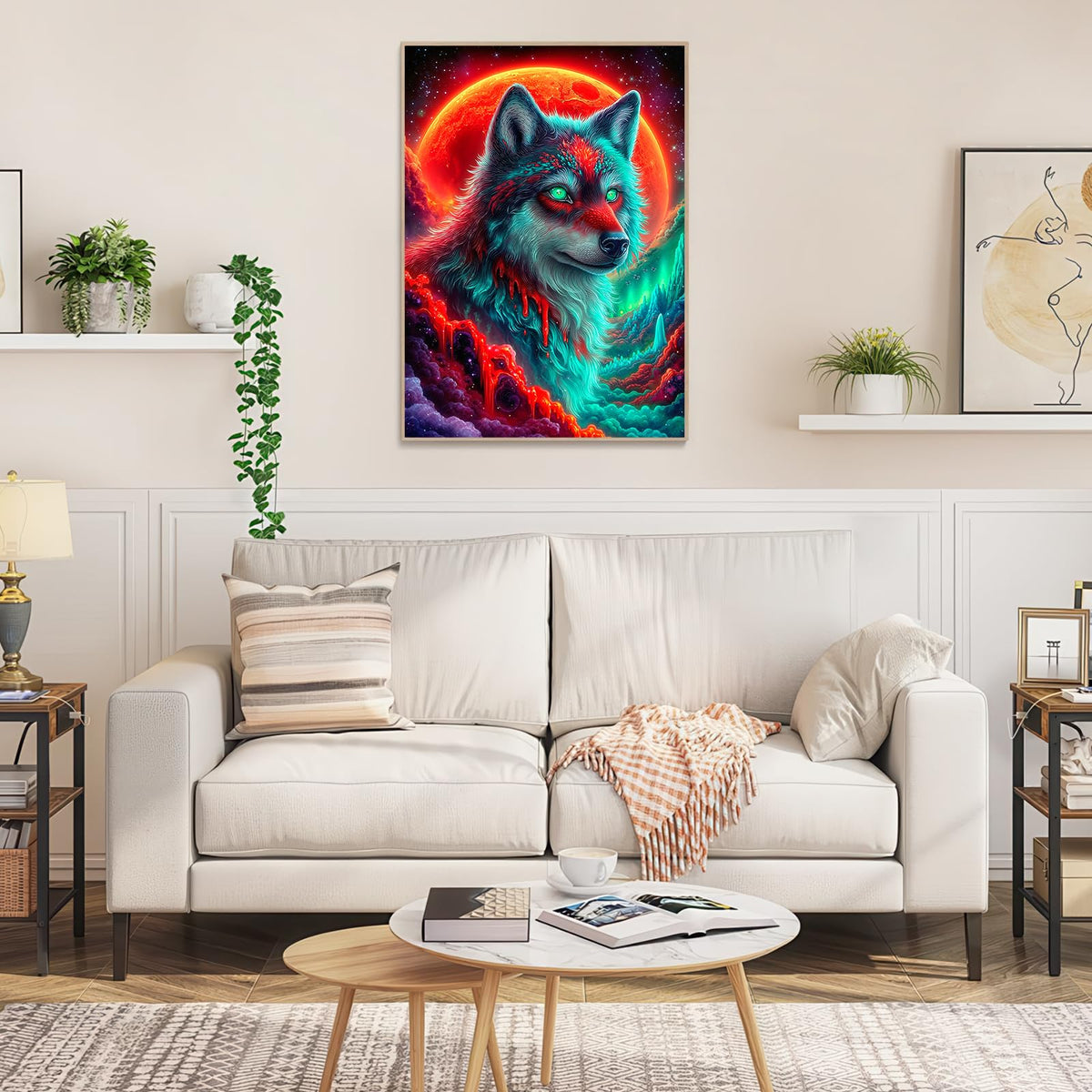 1000 Piece Jigsaw Puzzle, Psychedelic Neon Wolf with Green Eyes