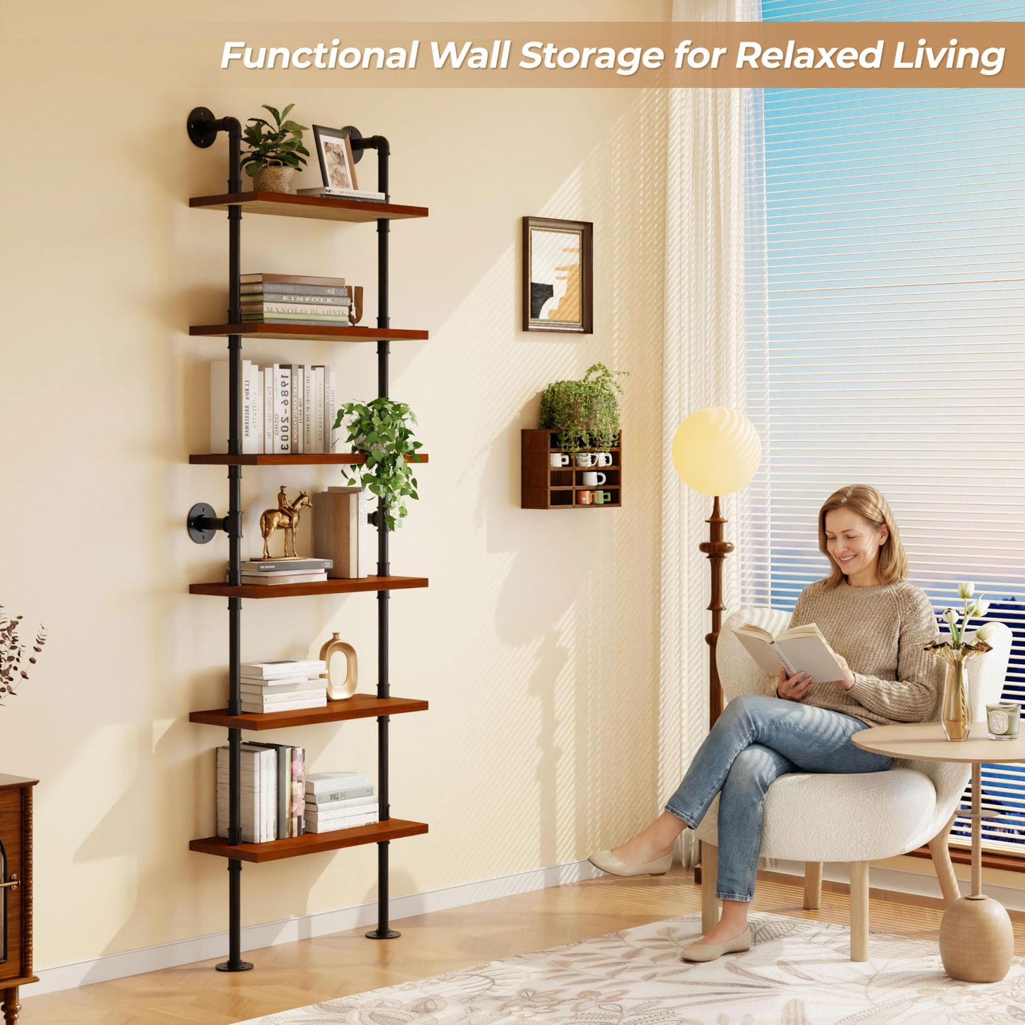 Anynice Industrial Ladder Pipe Shelves, Wall Mounted Rustic Bookshelf, Retro Metal Wood Bookcases (Walnut, 6 Tier - 10" D x 24" W x 82.5" H)