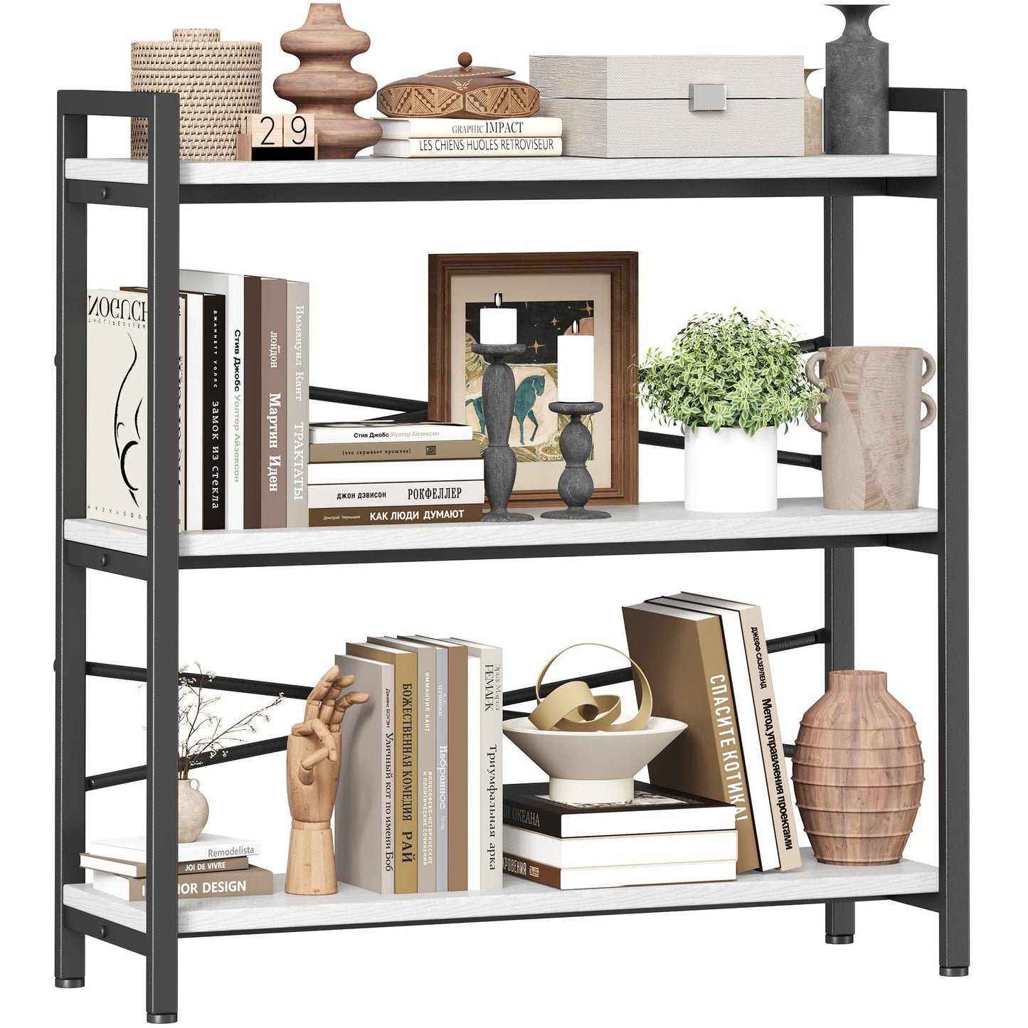 Book Shelf, 3 Tier Bookshelf 31.49" Width, Book Shelf Storage and Organization, Wooden and Metal Industrial Bookcase, Large Book Shelves for Home Living Room Bedroom Office Storage(White)