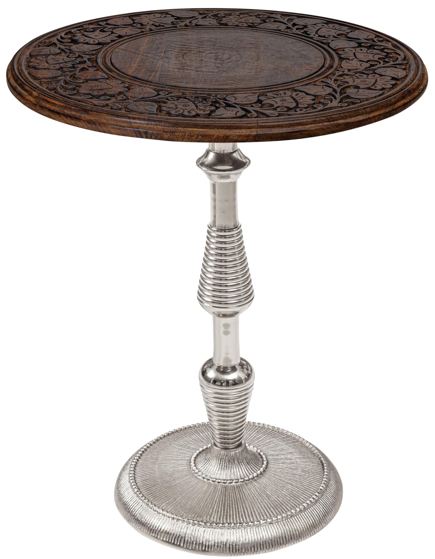 The Wooden Town Side Tables-Hand Carved Vintage Boho Folding End Tables for Living Room, Entryway,Living Room, Bedroom -No Tools Assembly, 18"x22" Burnt Brown with Silver Aluminium Alloy_Spiral