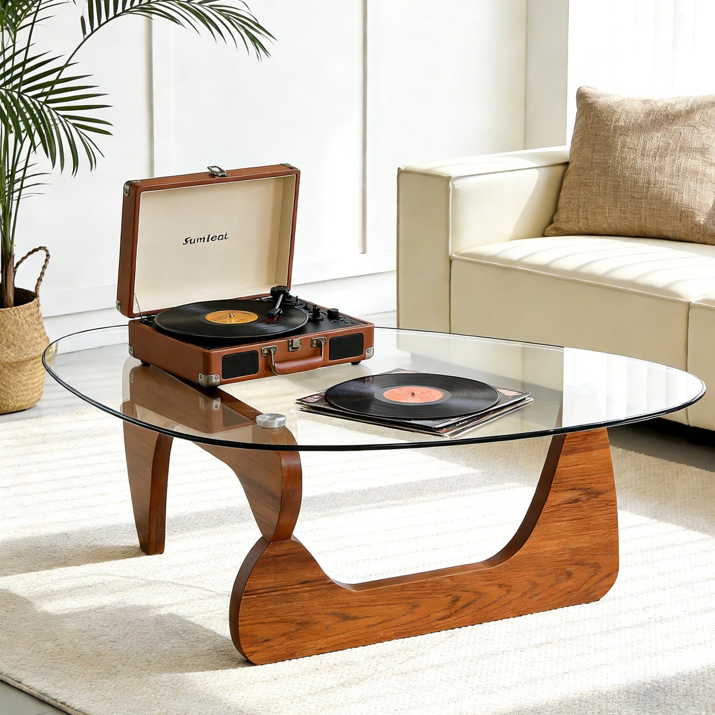 Coffee Table for Living Room, Small Coffee Table with Triangle Tempered Glass Top & Wood Legs, Modern Oval Abstract Dining Center Tables for Home Office Industrial Cocktail Tables 111