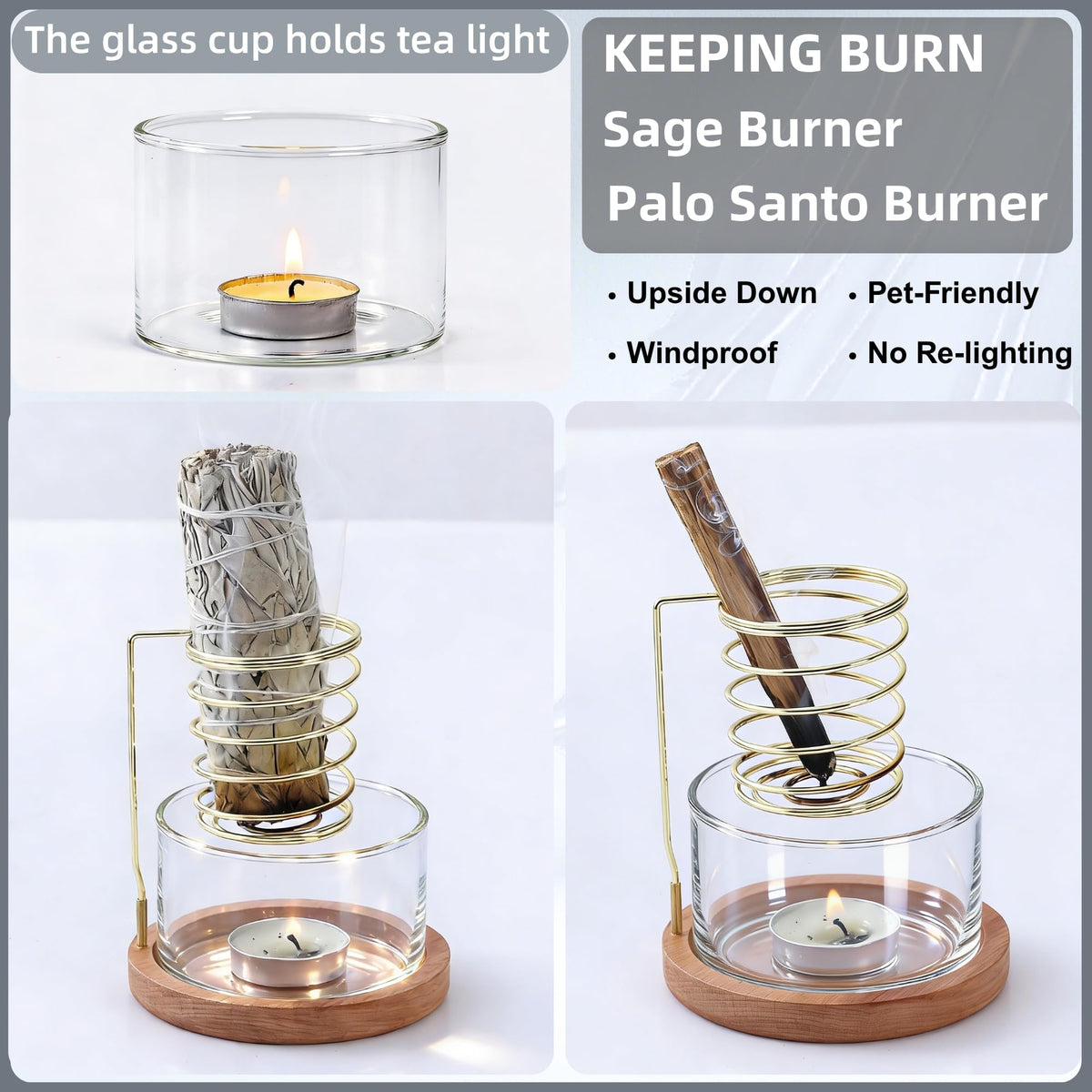 CrysDeco 2 in 1 Incense Holder for Burning Palo Santo & Sage Sticks, Lasting Burning Upside Down Palo Santo and Sage Burner Smudge Bowl for Yoga Meditation Spiritual Altar, Ash-Free, Wind-Resistant