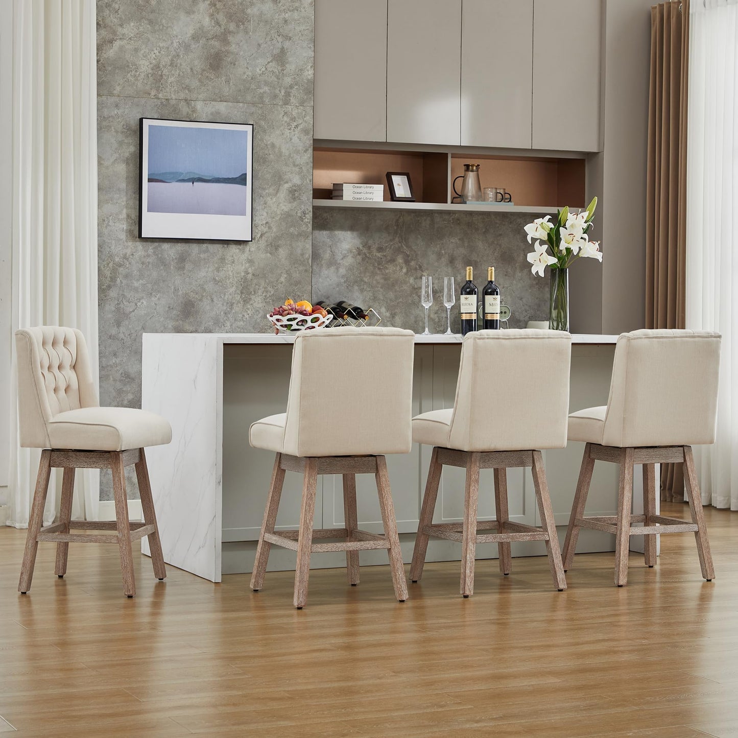 UDAX 26" Swivel Bar Stools Set of 4, Counter Height Barstools with Back, Linen Fabric Upholstered Bar Stools, Modern Barstools Wood Legs for Kitchen Island Dining Room Bar