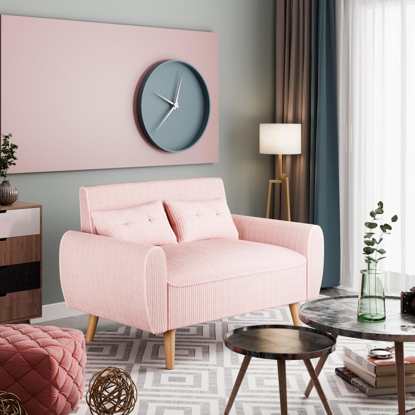 Vongrasig 47" Small Modern Loveseat Sofa, Mid Century Soft Corduroy Fabric 2-Seat Sofa Couch Tufted Love Seat with Back Cushions and Tapered Legs for Living Room, Bedroom and Small Space (Pink)