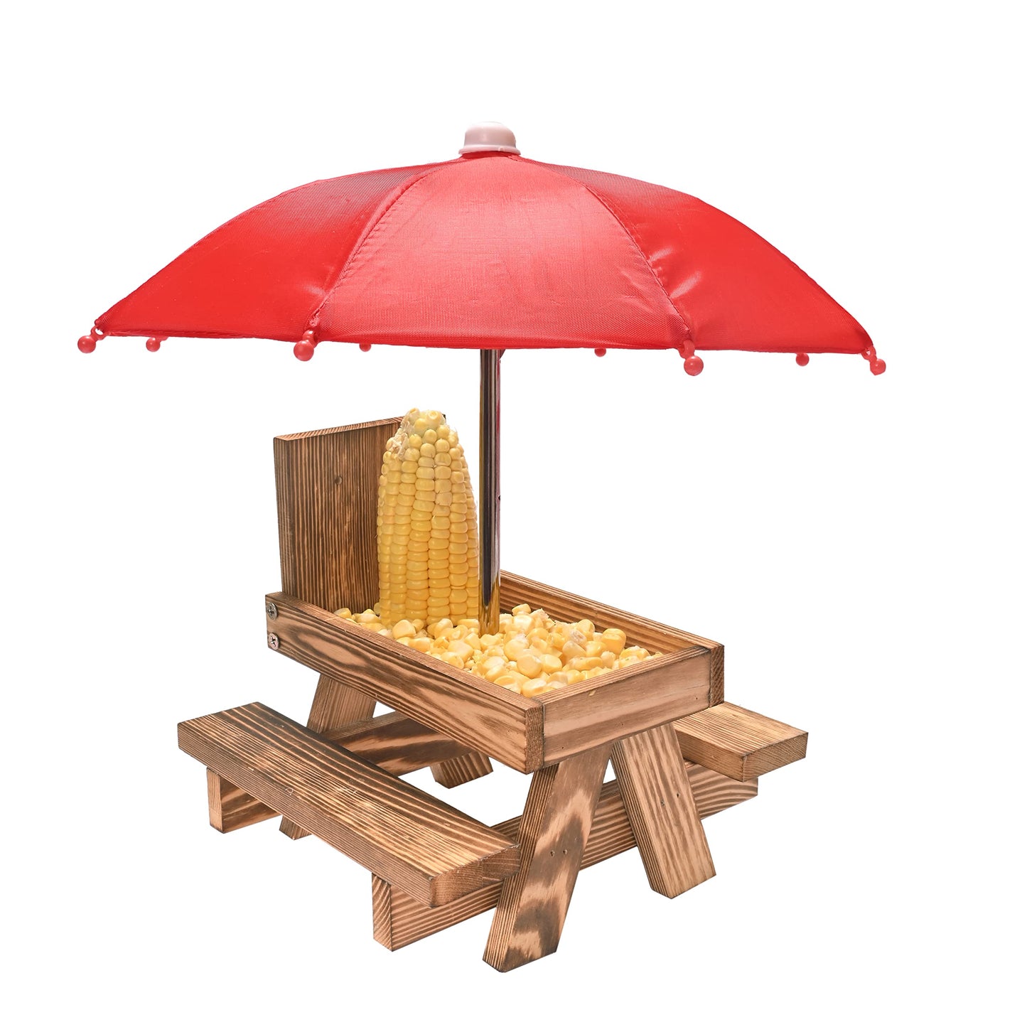Squirrel Feeder Picnic Table with Umbrella, Wooden Squirrel Table Feeder Outside Funny with Corn Cob Holder for Yard and Porch Decoration, Easy to Fill Peanuts in Shell and Nuts