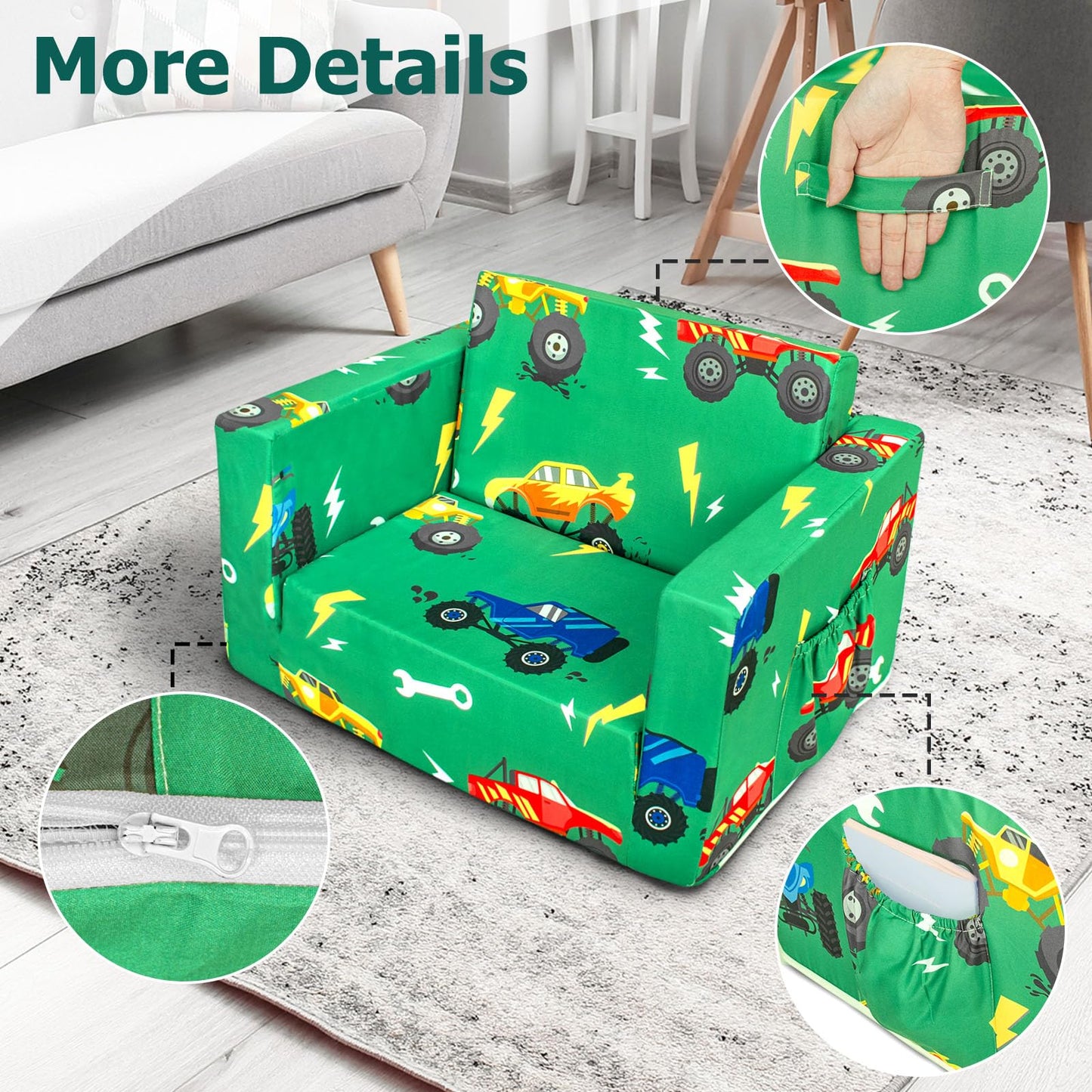 Beavtaens Kids Couch, 2-in-1 Kids Fold Out Sofa, Convertible Toddler Couch to Lounger for Girls and Boys, Soft Toddler Chairs Comfy 1-3 Years Old (Green Monster Truck)