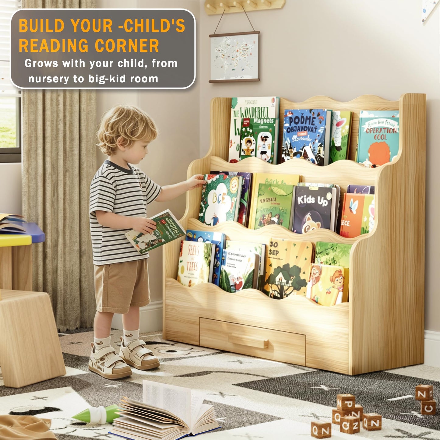 FIKSG 3-Tier Montessori Scalloped Kids Bookshelf, 29.6" Wide Natural Wood Forward Facing Bookcase for Toddlers, Children's Book Display and Organizer for Playroom, Nursery, Bedroom or Classroom