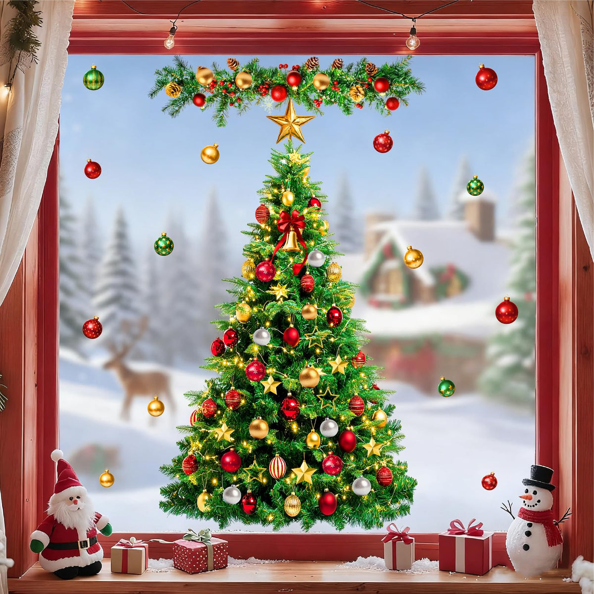 Large Christmas Tree Wall Decals Peel and Stick Merry Christmas Ornament Wall Stickers Removable Winter Tree Decals Xmas Trees Stickers Xmas Holiday Window Sticker for Party Decoration