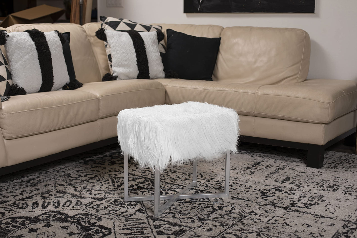 BIRDROCK HOME Rectangular Faux Fur Vanity Foot Stool Ottoman with Metal Legs - Small Soft Padded and Fluffy Makeup Seat or Foot Rest for Bedroom, Desk, or Dressing Table (White and Gray)