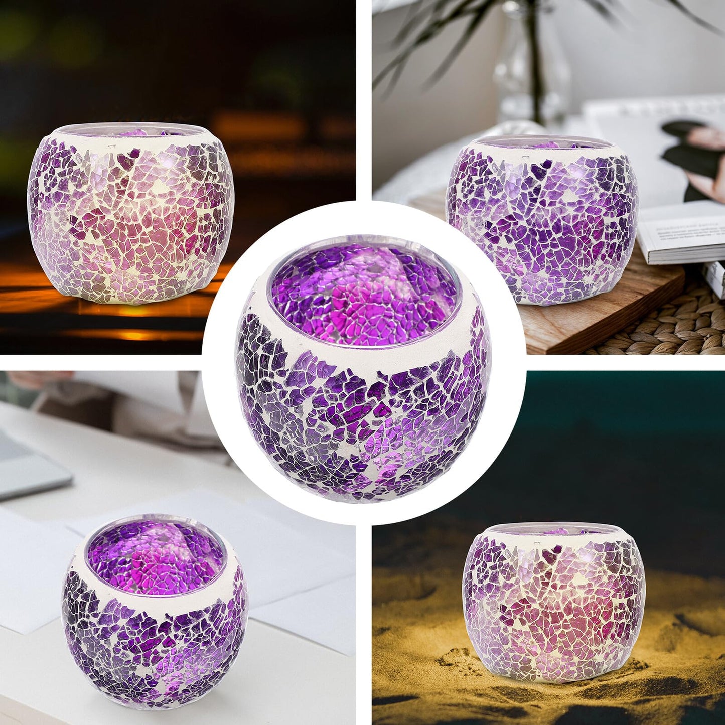 Generic European Style Purple Mosaic Glass Candleholder, Decorative Table Candlestick for Romantic Dinner, Home and Bar Dining Centerpiece