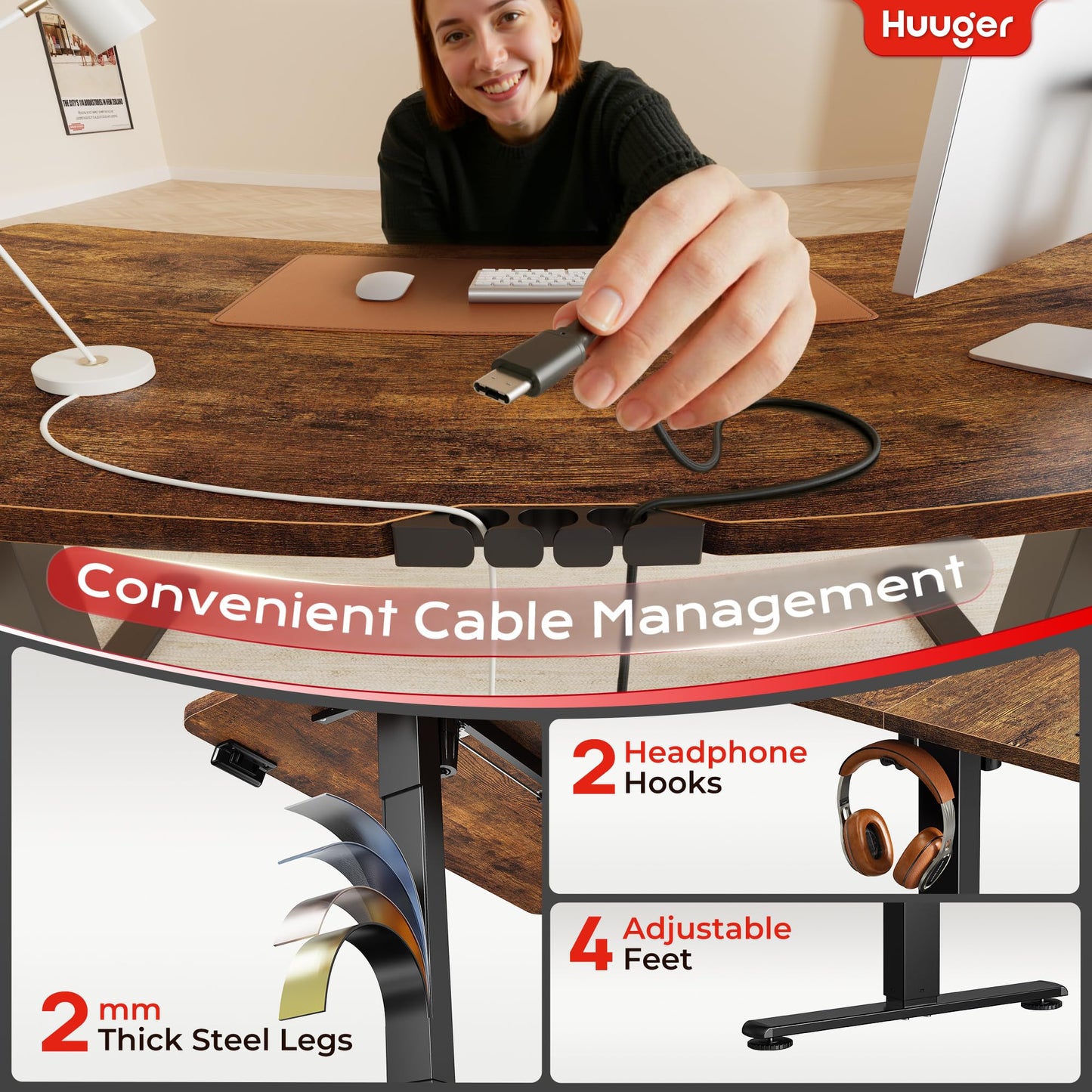 Huuger Electric Standing Desk with Power Outlets and USB-C Port, 47 X 24 Inch Height Adjustable Desk, Sit Stand Desk for Home Office, Computer & Gaming Desk with 4 Presets, Rustic Brown