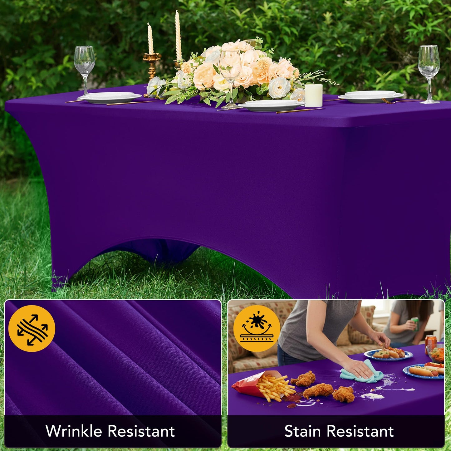 Dailyset 6-Pack Premium Purple Spandex Tablecloths for 6ft Rectangle Tables, Stain & Wrinkle-Resistant, Washable Stretch Polyester Fitted Table Cover for Weddings, Banquets, Trade Shows Events