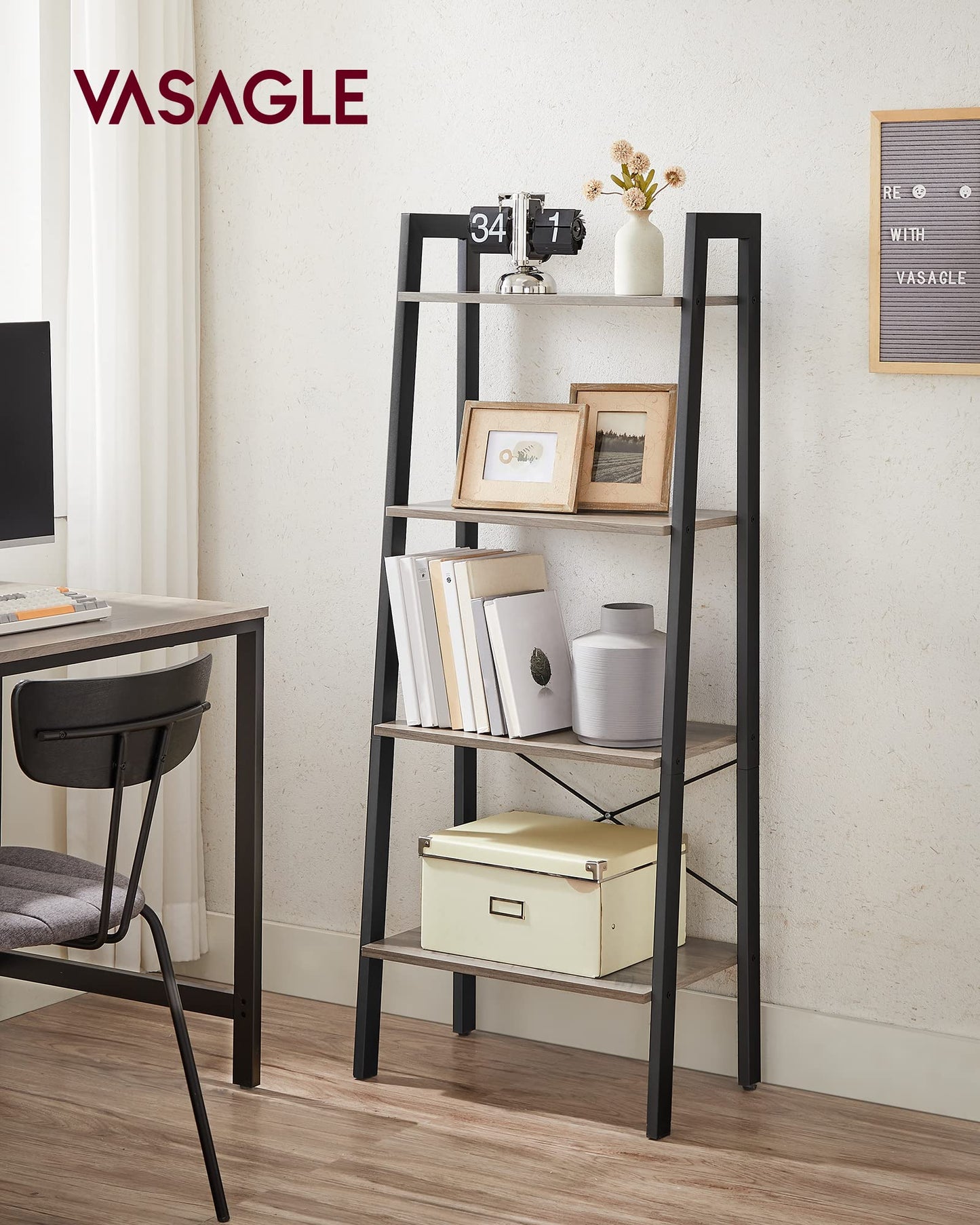 VASAGLE BARNET Collection - Ladder Shelf, Bookshelf, Storage Rack, Modern Bookcase for Living Room Home Office Kitchen, Steel Frame, 4-Tier, 22-Inch Wide, Heather Greige and Ink Black ULLS44MB