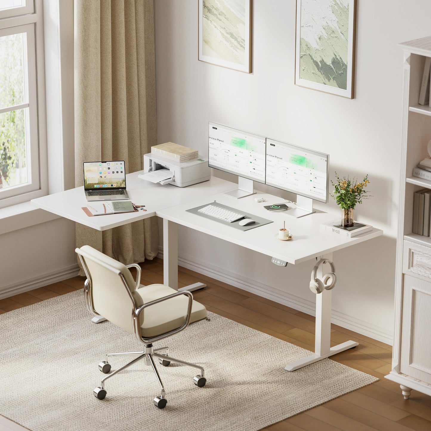 Agilestic 55 Inch Reversible L Shaped Standing Desk, Electric Height Adjustable Desk with Memory Preset, Sit Stand Up Computer Workstation for Home Office, Splice Board, White