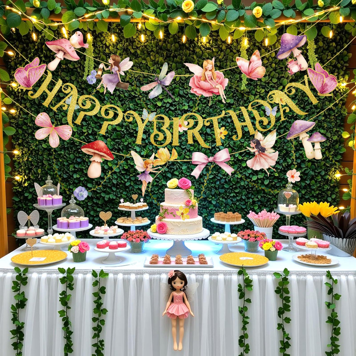 Paper Jazz Fairy Birthday Banner with Butterfly Fairy Party Decorations Mushroom Decor Fabric Vines Paper Garlands Decorations for Birthday,Garden Tea Party,Baby Shower.