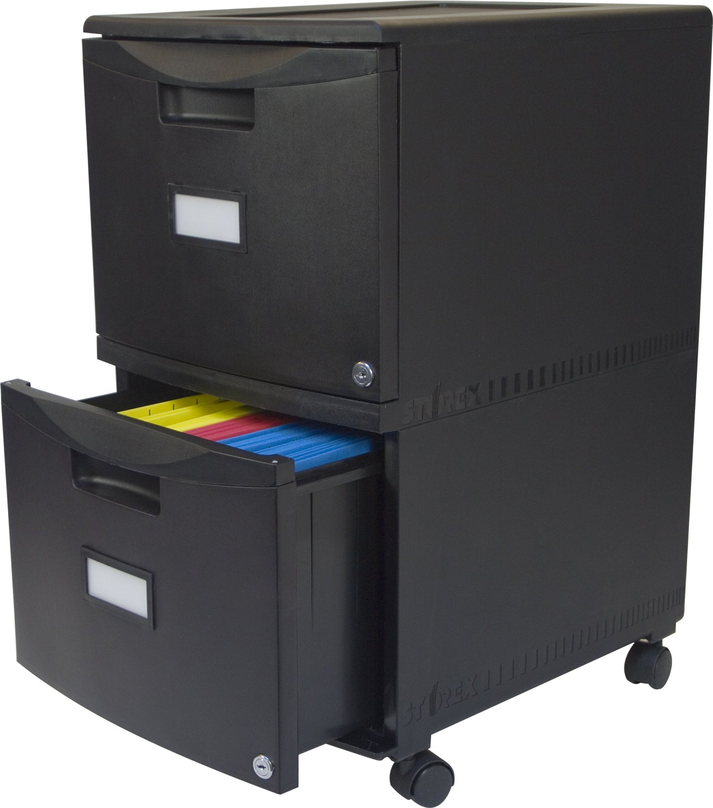Storex Plastic Two-Drawer Mobile Pedestal File Cabinet – Locking Document Organizer with Casters for Home and Office, Black, 1-Pack (61312U01C)