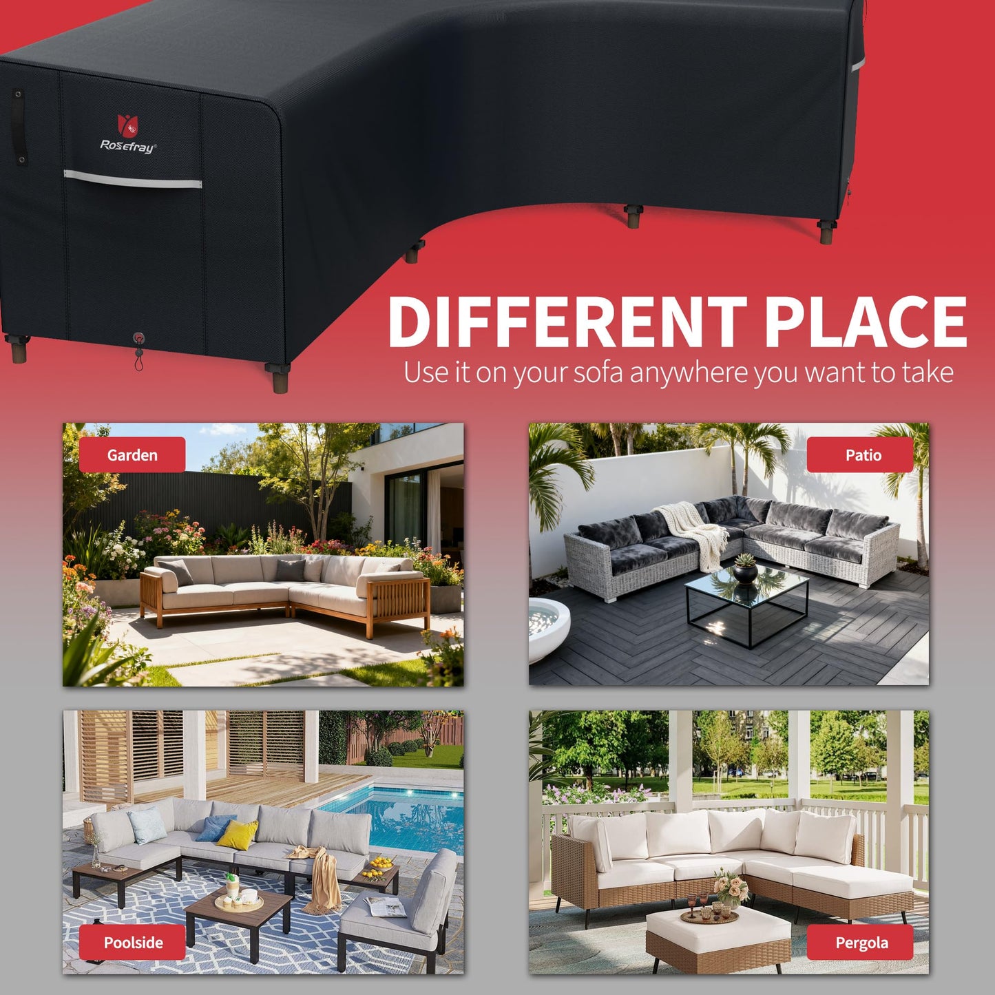 Rosefray 420D Outdoor V-Shaped Sectional Cover,Heavy Duty Anti UV Patio Sectional Sofa Cover with Air Vent, Waterproof Furniture Covers for Deck, Lawn,Backyard 100"x100" Black
