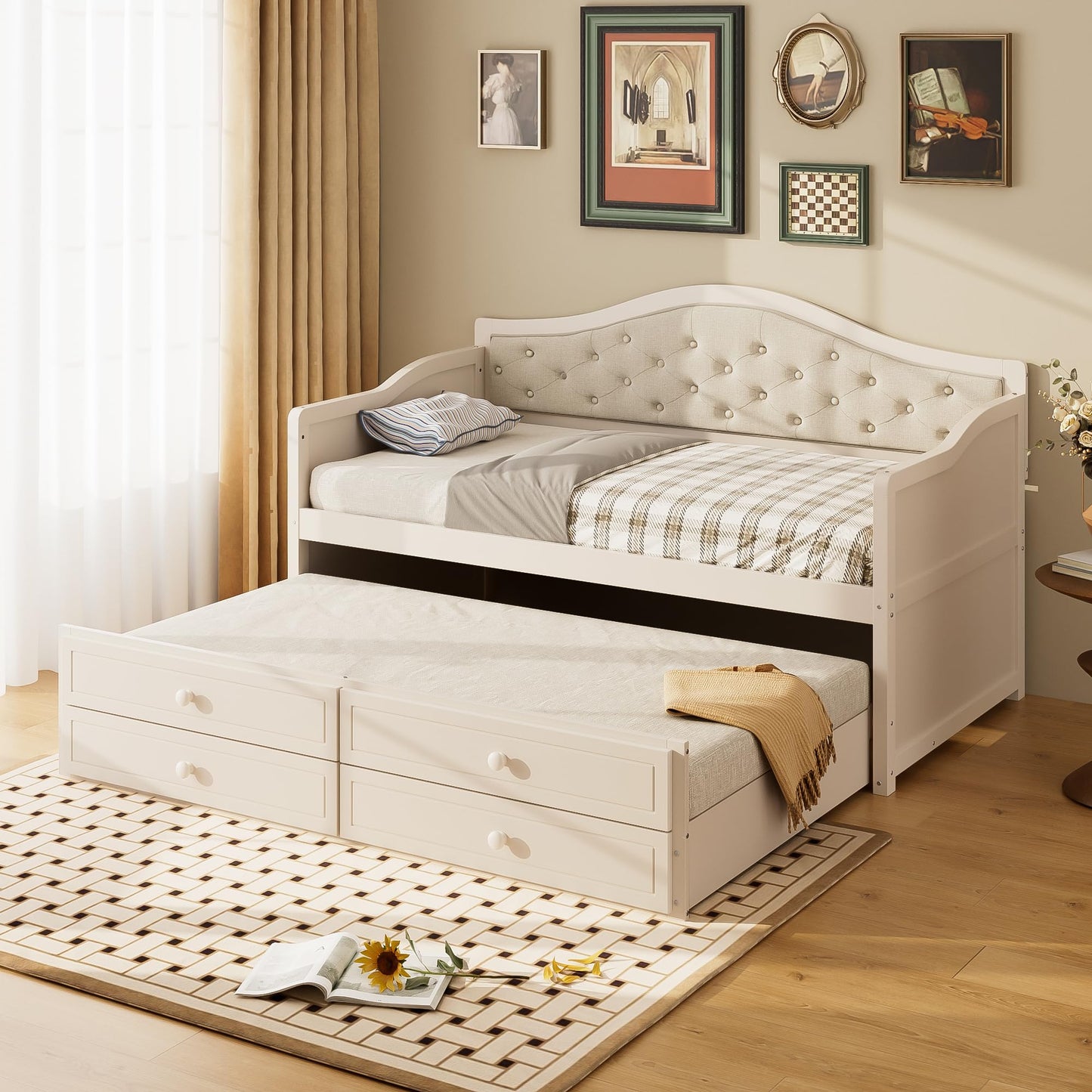 NCKMYB Multifunctional Twin Daybed with Trundle, Wood Sofa Bed with 2 Storage Drawers and Upholstered Back, Space Saving for Small Rooms, Guest Room, Dorm (Beig)