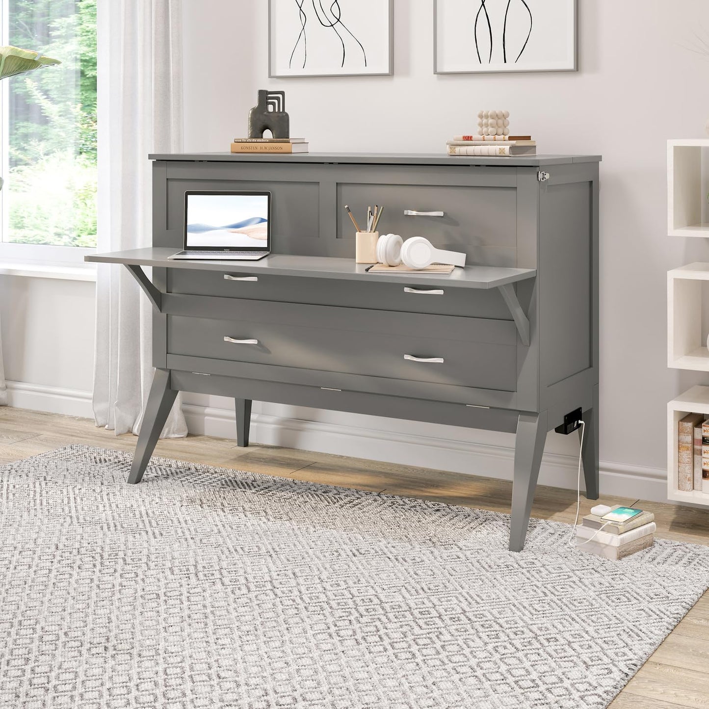 HomeStock Full Murphy Bed Desk with 6" Mattress & Built in Charger in Grey