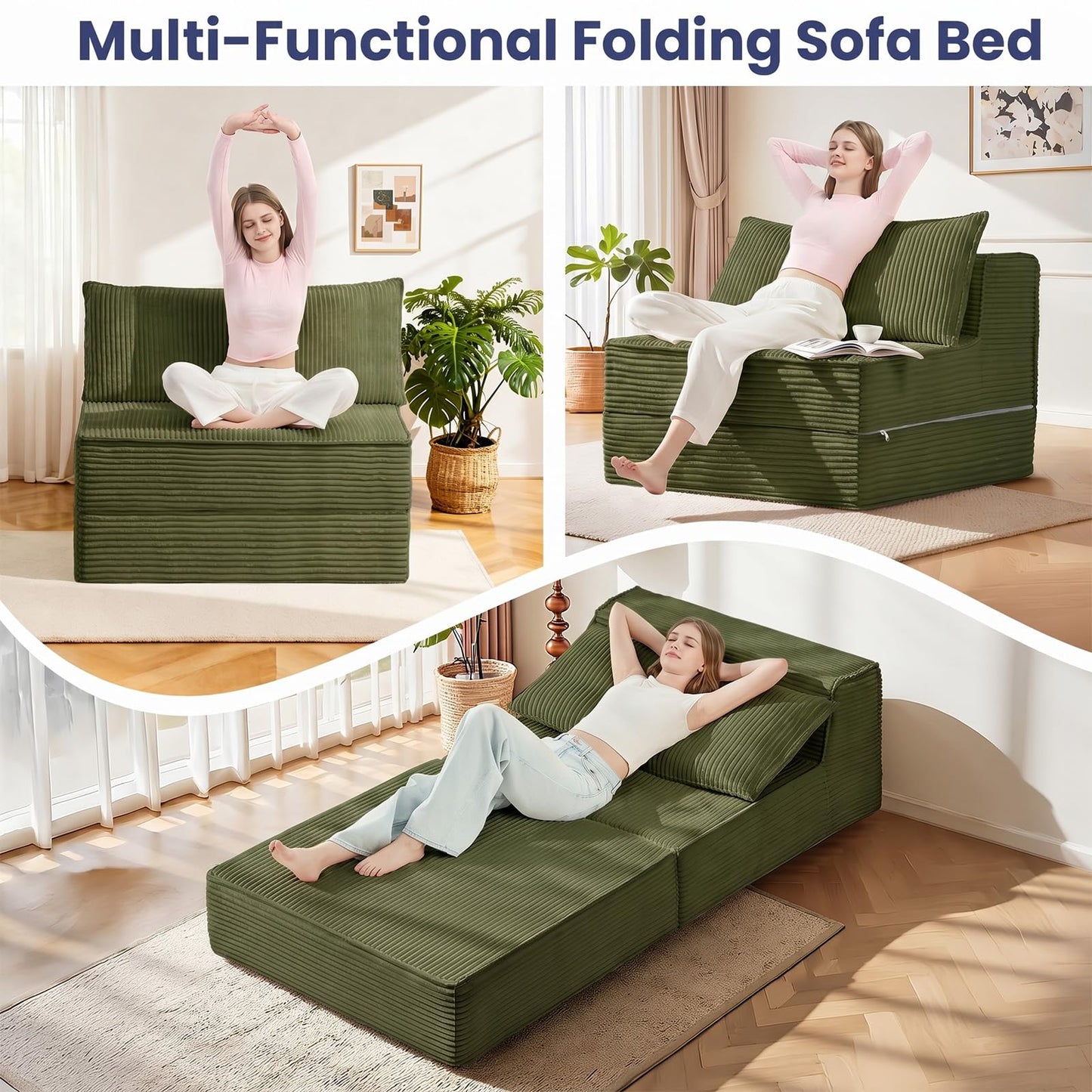 Erament Folding Sofa Bed, 8" Convertible Sleeper Sofa Fold Out Chair Bed with Pillow, Portable Floor Couch Lounge Sofa for Living Room Bedroom Guest Room, Green