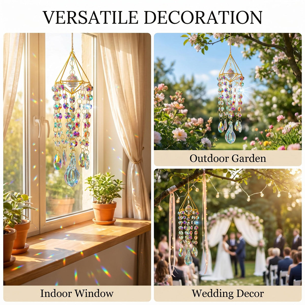 HDCRYSTALGIFTS Crystal Suncatchers for Window Hanging Glass Wind Chime Style Garden Sun Catchers with Crystals Prisms Rainbow Maker Indoor Outdoor Decor Handmade Gold Plated