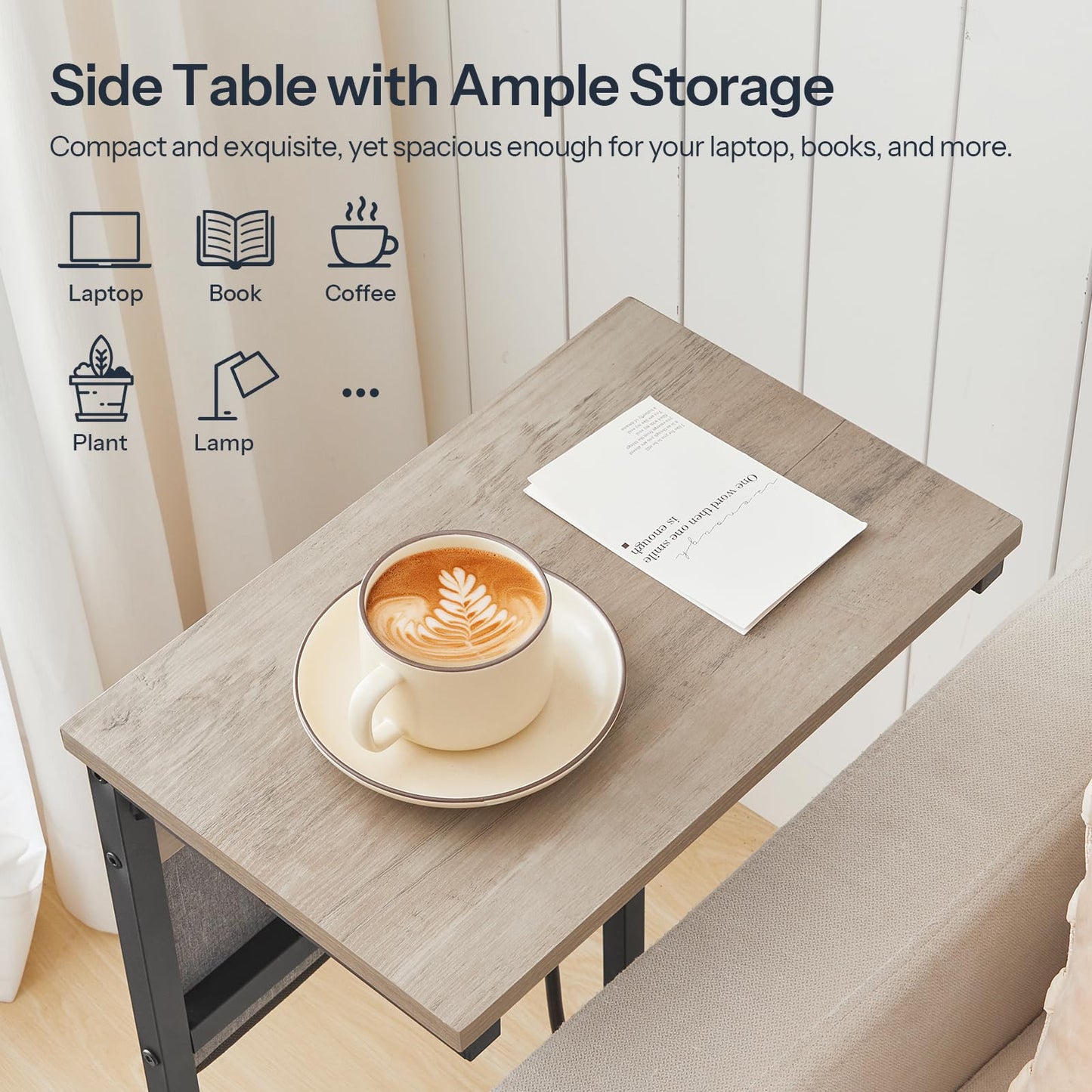 HOOBRO C Shaped End Table with Charging Station, 28" H Couch Side Table Slide Under, Sofa Arm Tray Table with Storage Bag for Living Room, Recliner, Greige BG70USF01