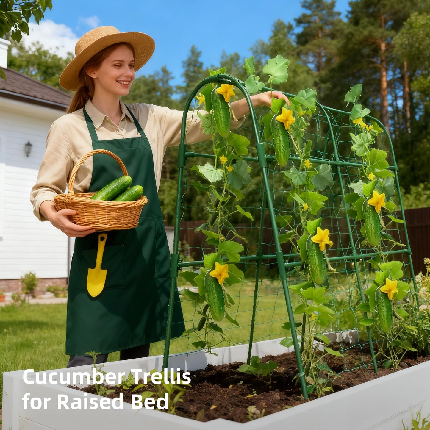 Laodier Cucumber Trellis for Raised Bed, U-Shape Garden Arch Metal Support for Climbing Plants, Metal Arch Plant Support Vegetables Trellis, Plant Support for Vine (Green, 31.5 * 30 * 47inch(L*W*H))
