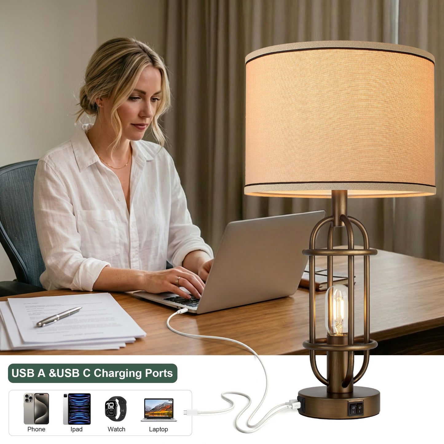 Reaketon Table Lamps for Living Room Set of 2, 22.3" Farmhouse Lamps for Nightstand, Industrial Table Lamps for Bedroom with USB Ports