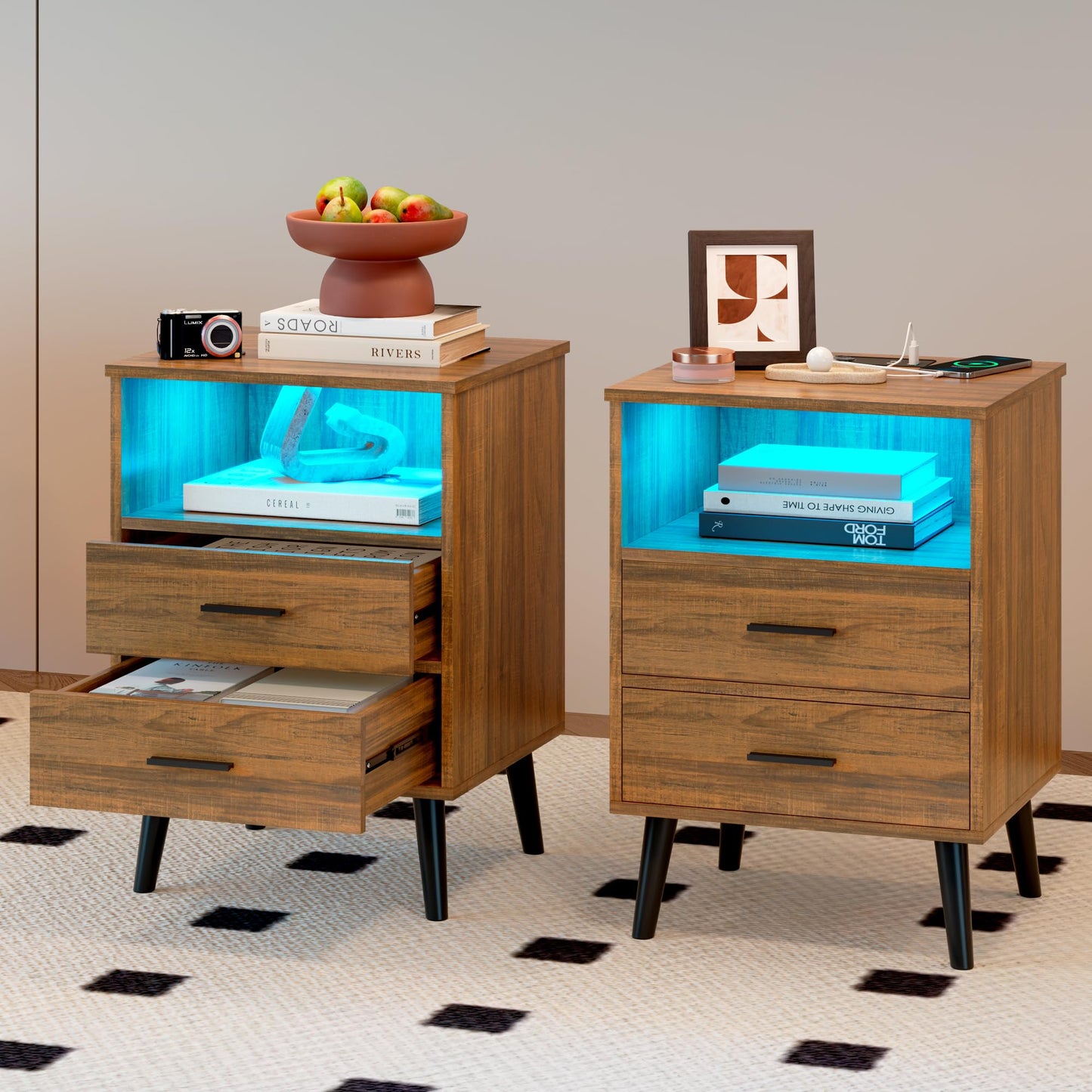 LVSOMT Nightstands Set of 2, Nightstand with Charging Station and USB Ports, Rustic Brown Bedside Table with Open Shelf, Mid Century Modern Nightstand with 2 Drawers, Night Stands for Bedroom