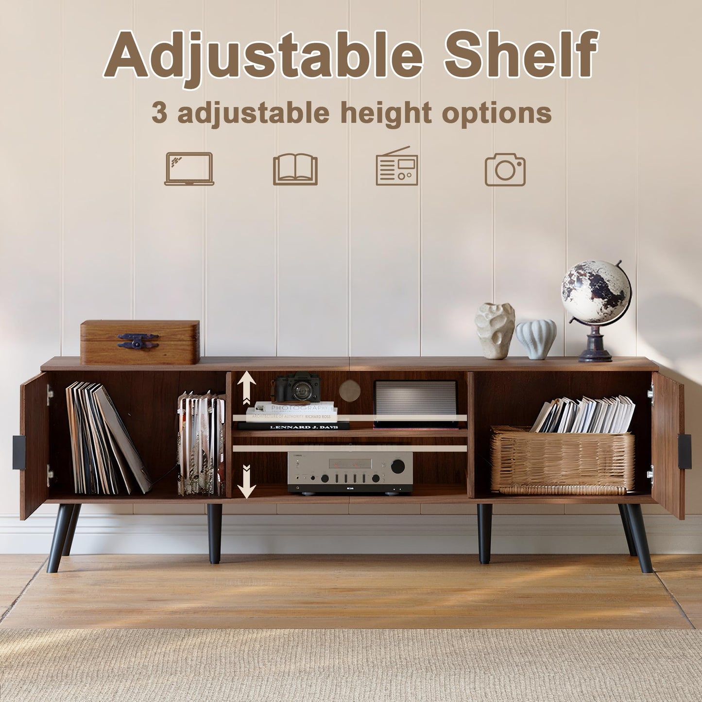 ChooChoo TV Stand for Living Room, Mid Century Modern TV Stand for 55/60 Inch TVs, Entertainment Center with Storage Cabinet and Open Shelves, TV Console Table Media Cabinet for Bedroom, Walnut