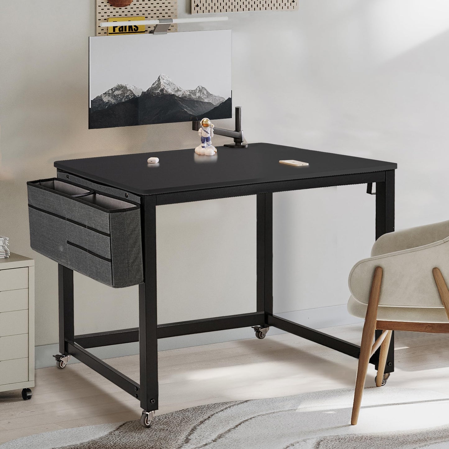 AHB Rolling Computer Desk with 4 Smooth Wheels, Simple Style Mobile Writing Desk Home Office Study Table Movable Workstation with Metal Frame (Black, 32")